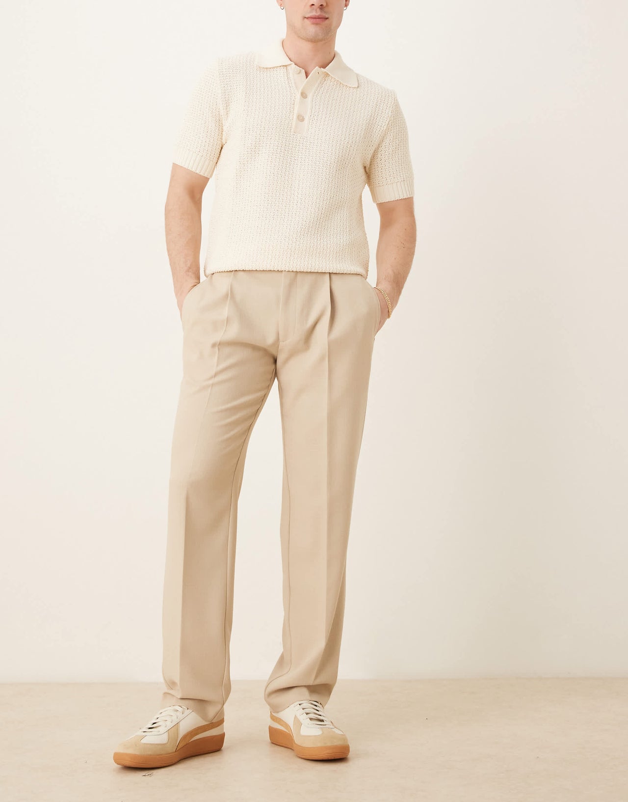 ASOS DESIGN smart straight leg trousers with front pleats in stone microtexture