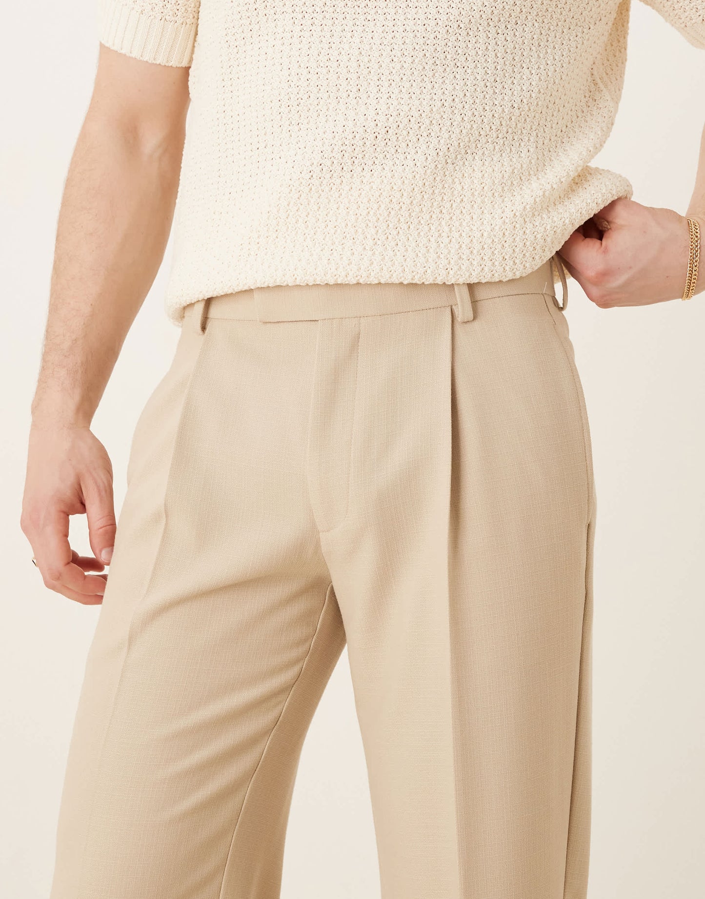 ASOS DESIGN smart straight leg trousers with front pleats in stone microtexture