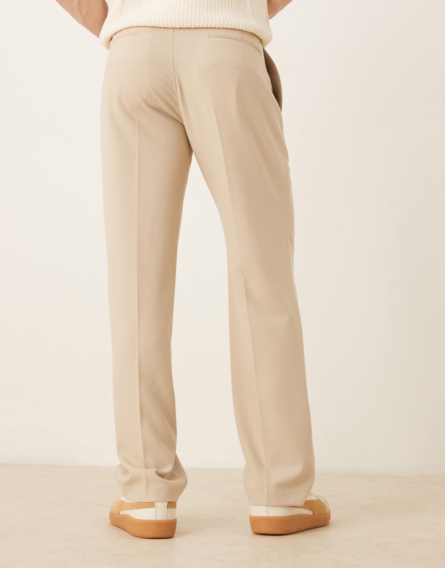 ASOS DESIGN smart straight leg trousers with front pleats in stone microtexture