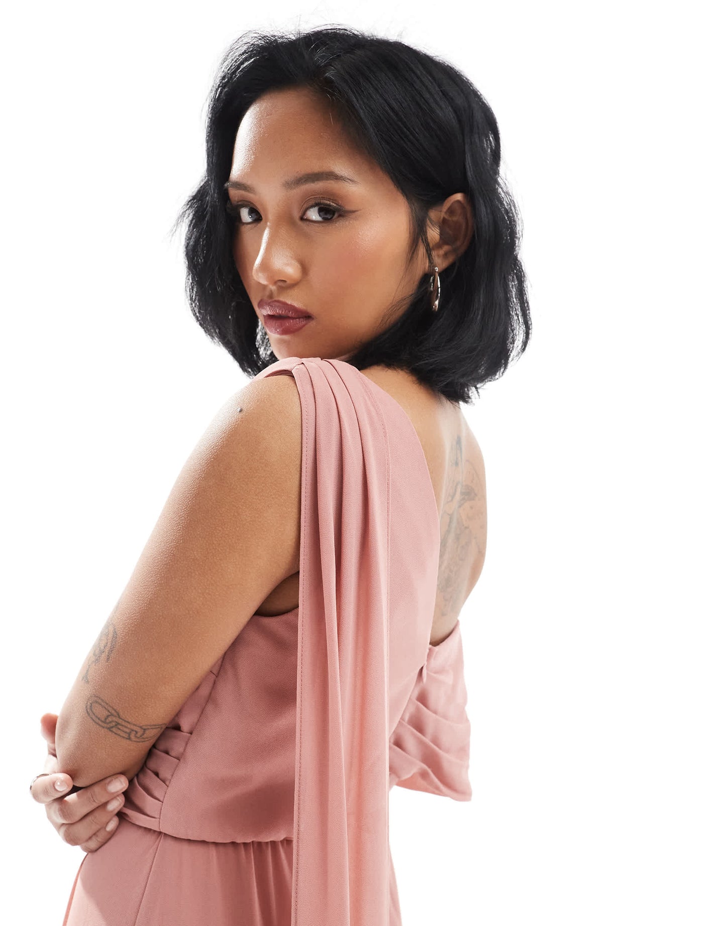 TFNC Petite Bridesmaid one shoulder drape maxi dress with wrap skirt in dusky pink