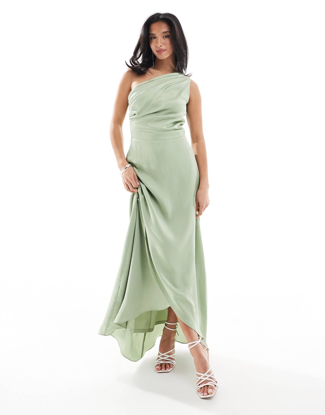 TFNC Petite Bridesmaid one shoulder satin maxi dress with wrap skirt in sage green