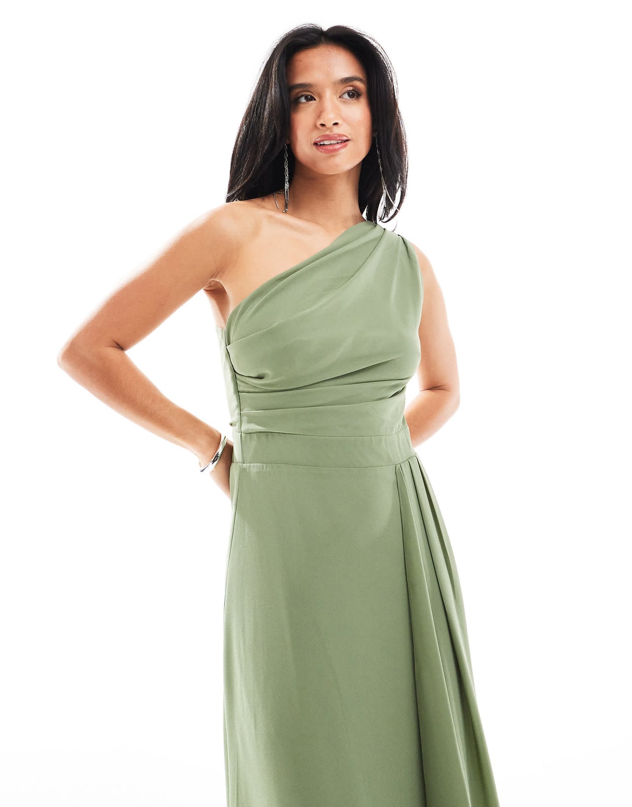 TFNC Petite Bridesmaid chiffon maxi dress with wrap skirt in dark green