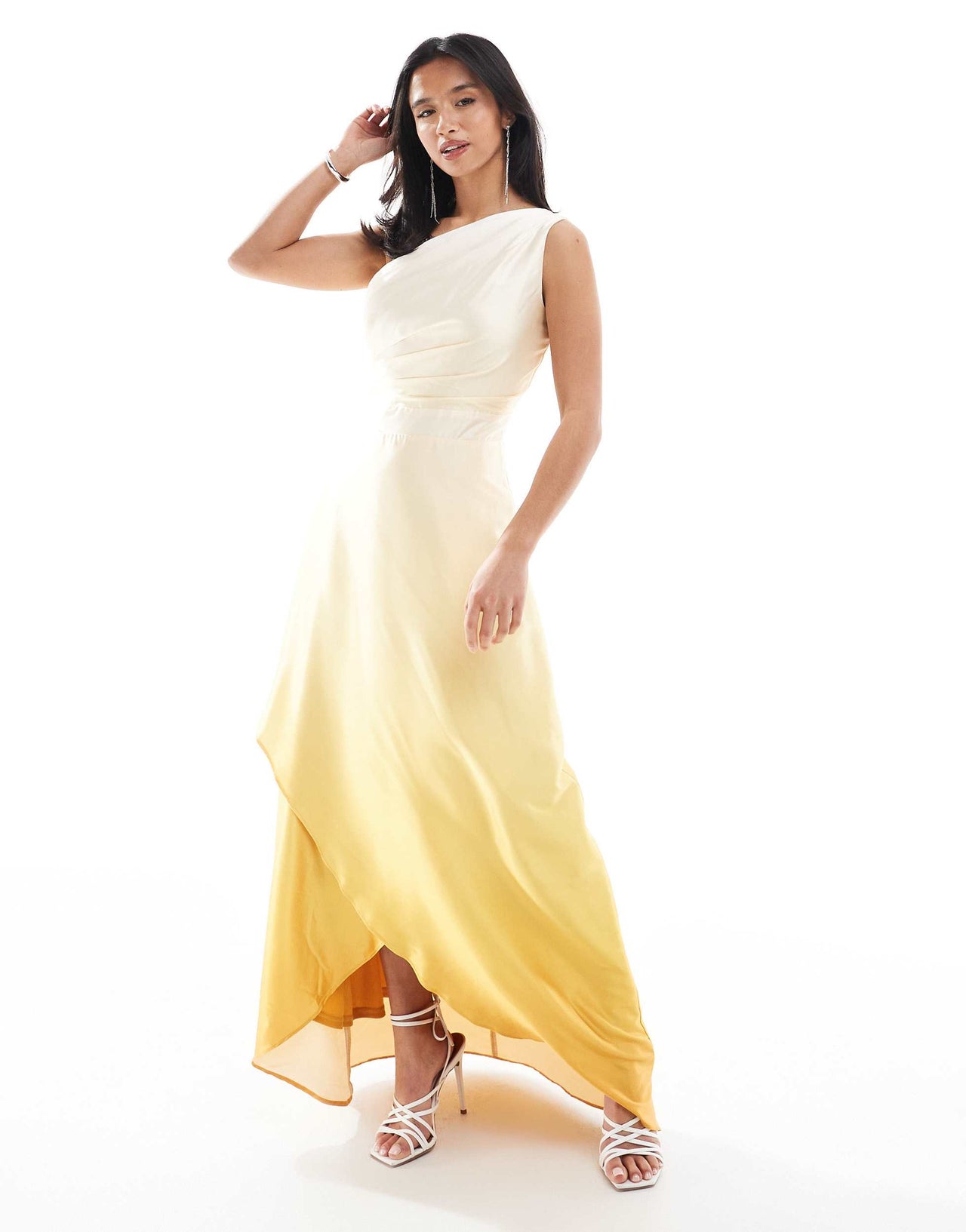 TFNC Petite Bridesmaid one shoulder satin maxi dress with wrap skirt in lemon
