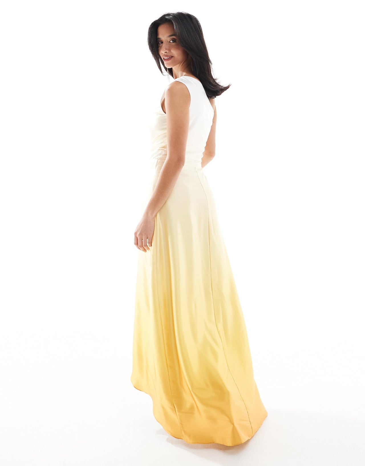 TFNC Petite Bridesmaid one shoulder satin maxi dress with wrap skirt in lemon