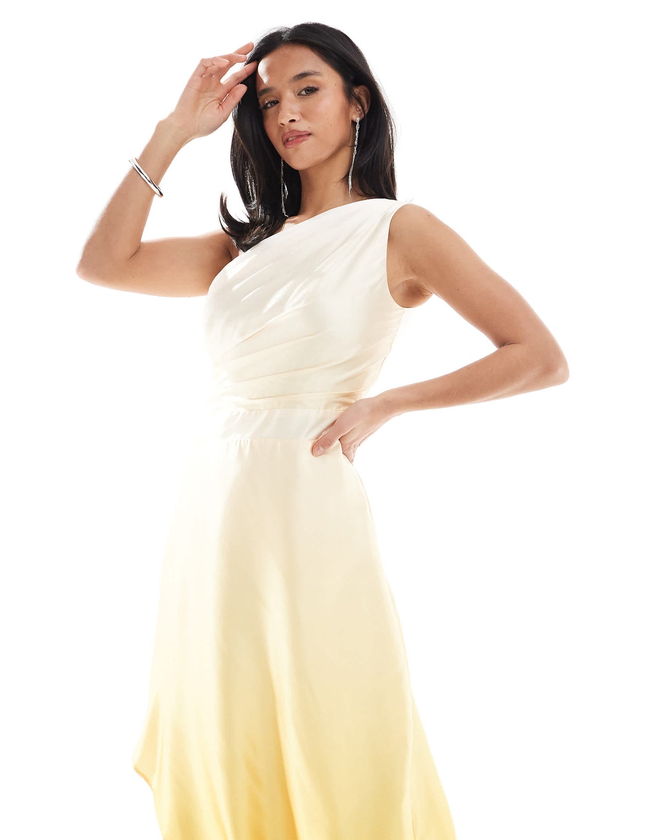 TFNC Petite Bridesmaid one shoulder satin maxi dress with wrap skirt in lemon