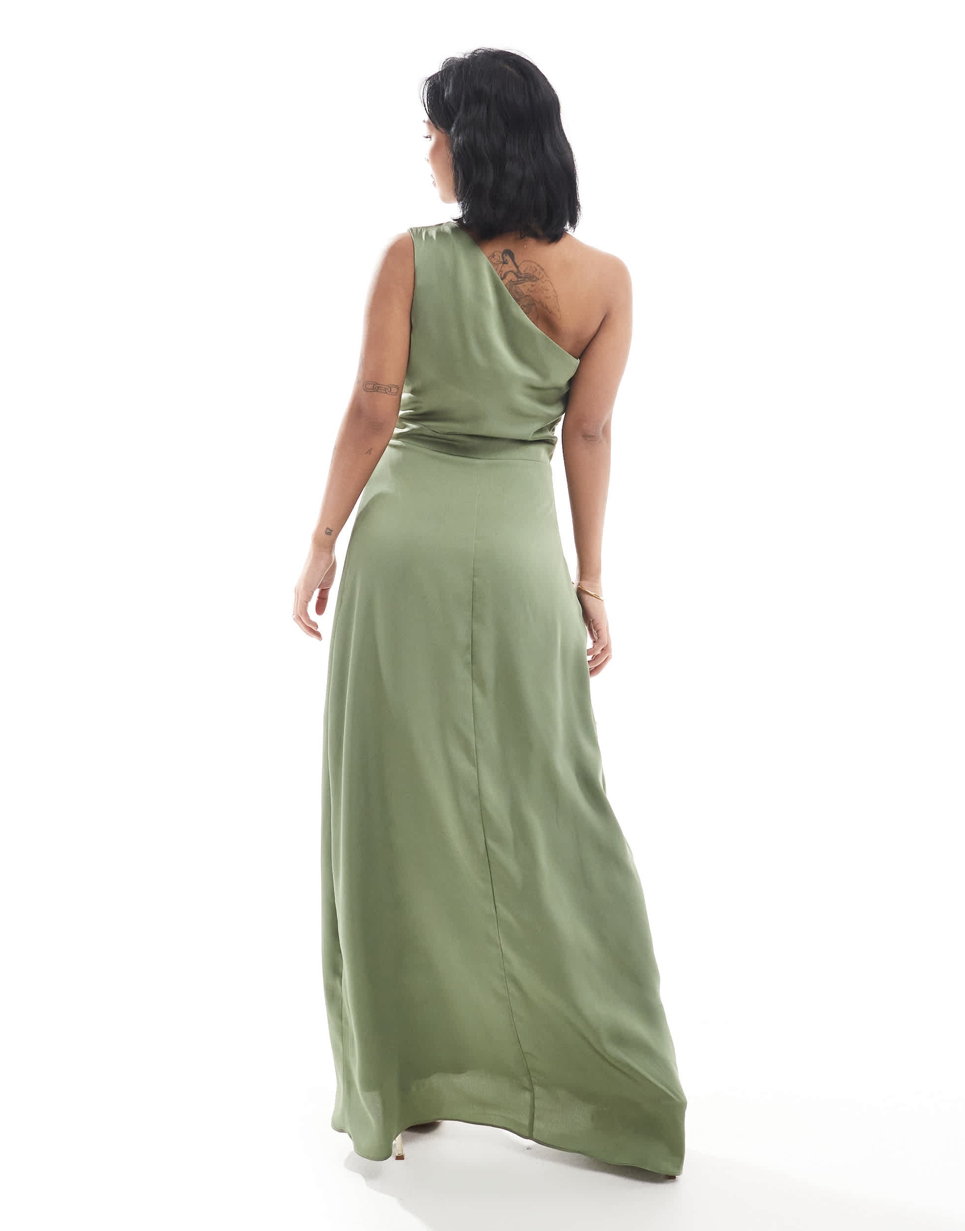 TFNC Petite Bridesmaid one shoulder satin wrap skirt maxi dress in olive
