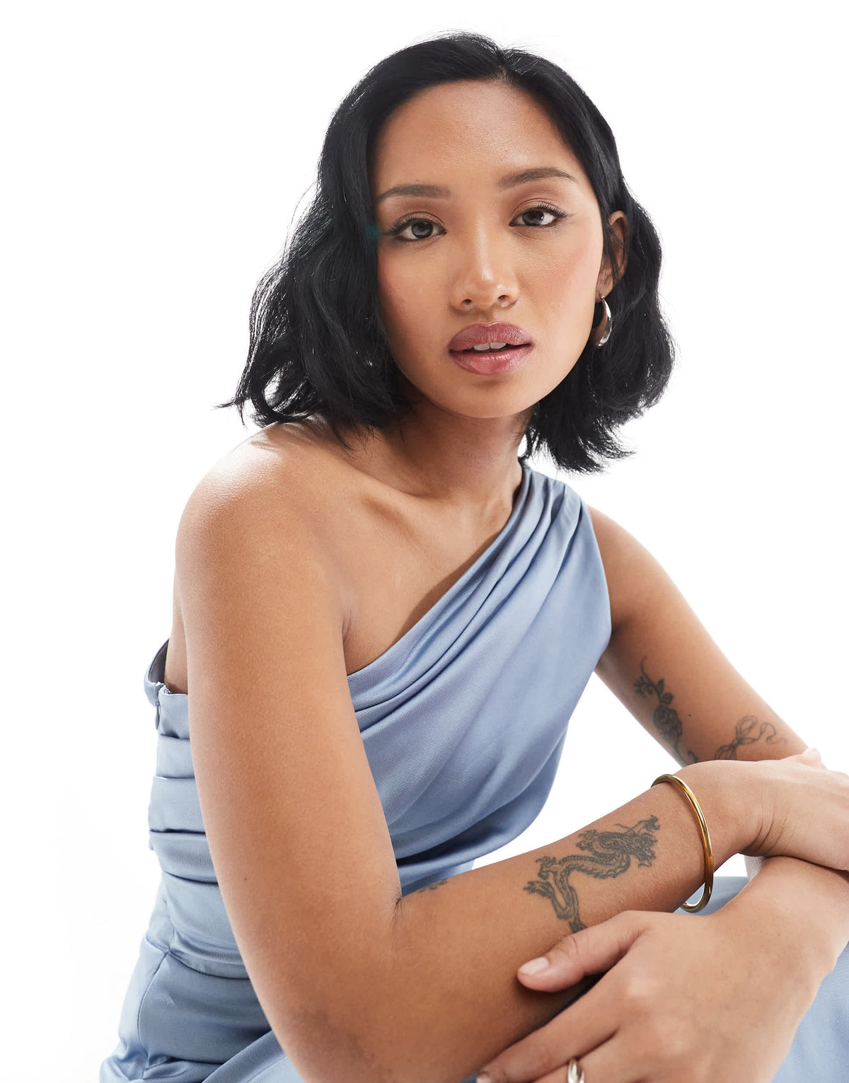 TFNC Petite Bridesmaid one shoulder satin maxi dress with wrap skirt in dusty blue
