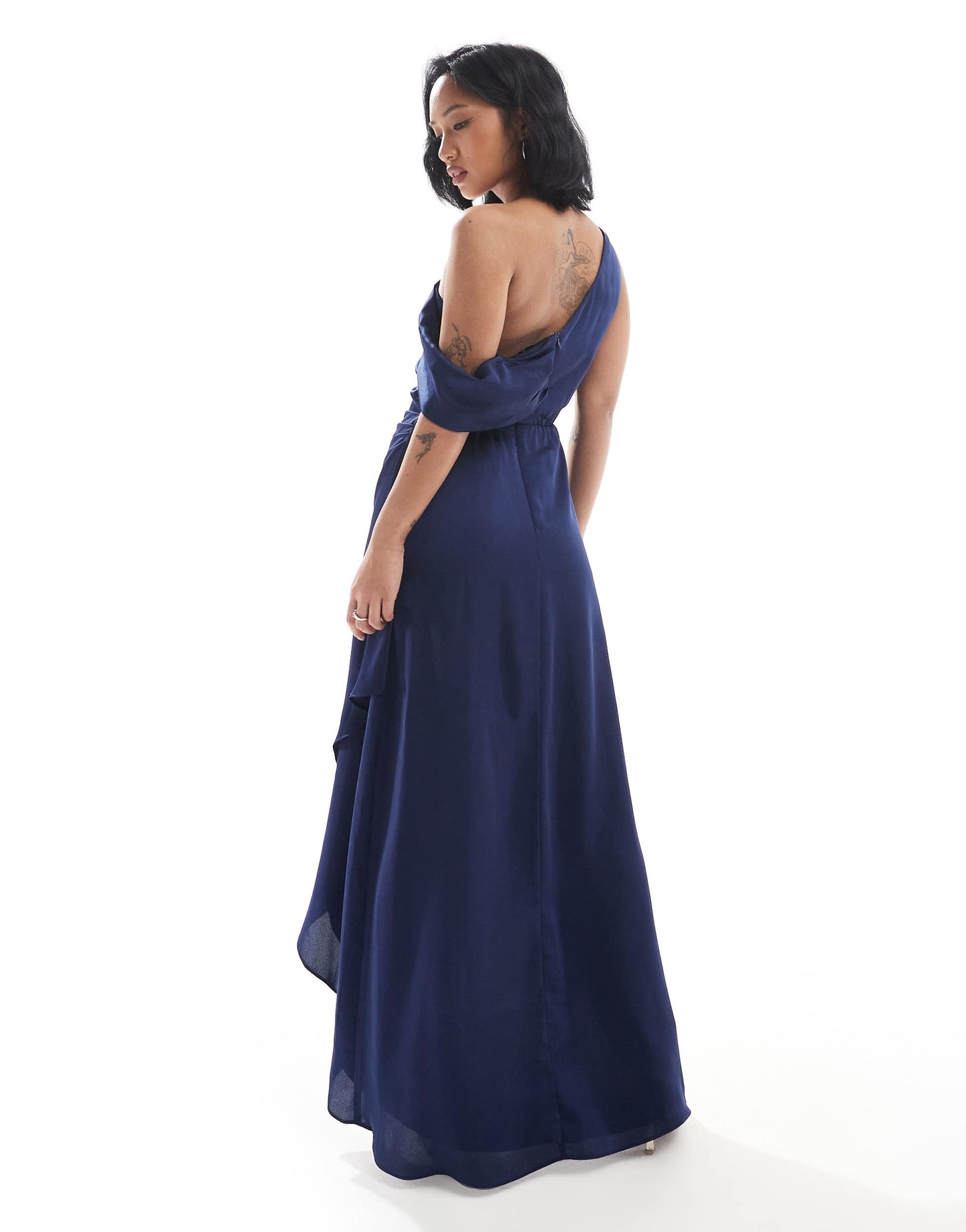 TFNC Petite Bridesmaid satin fallen shoulder maxi dress with wrap skirt in navy