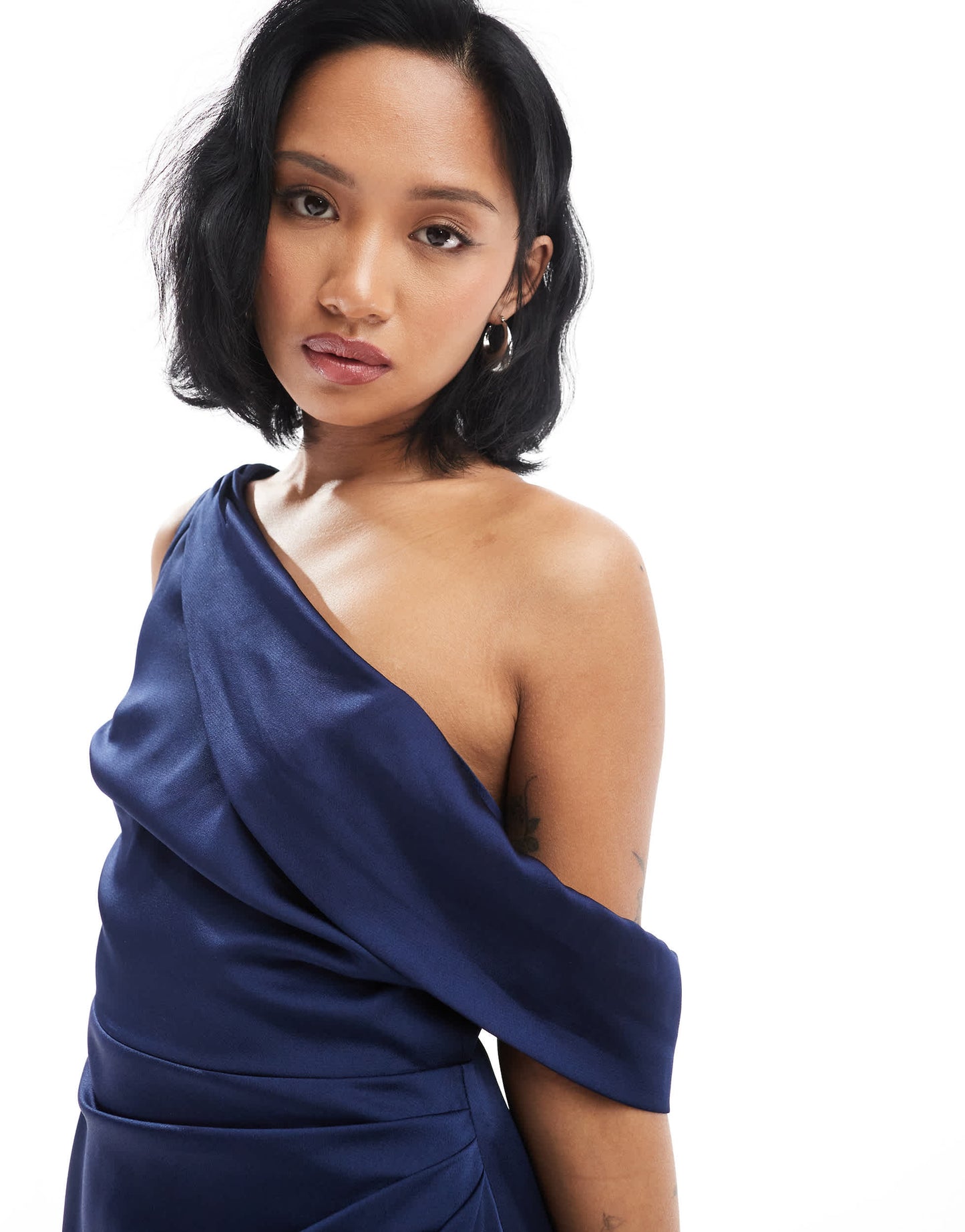 TFNC Petite Bridesmaid satin fallen shoulder maxi dress with wrap skirt in navy