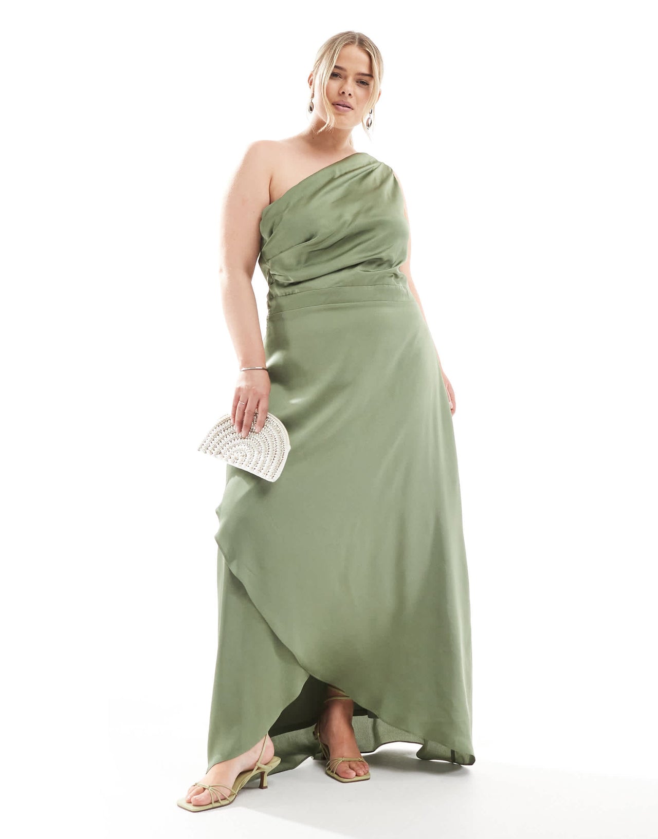 TFNC Plus Bridesmaid one shoulder satin maxi dress with wrap skirt in – ASOS Sample Sale