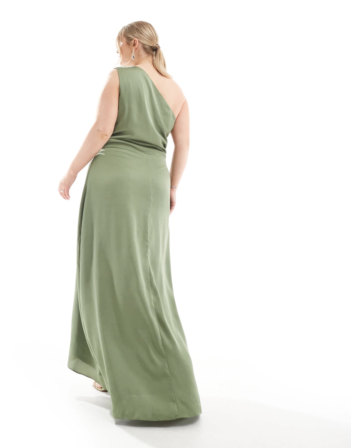 TFNC Plus Bridesmaid one shoulder satin maxi dress with wrap skirt in dark green