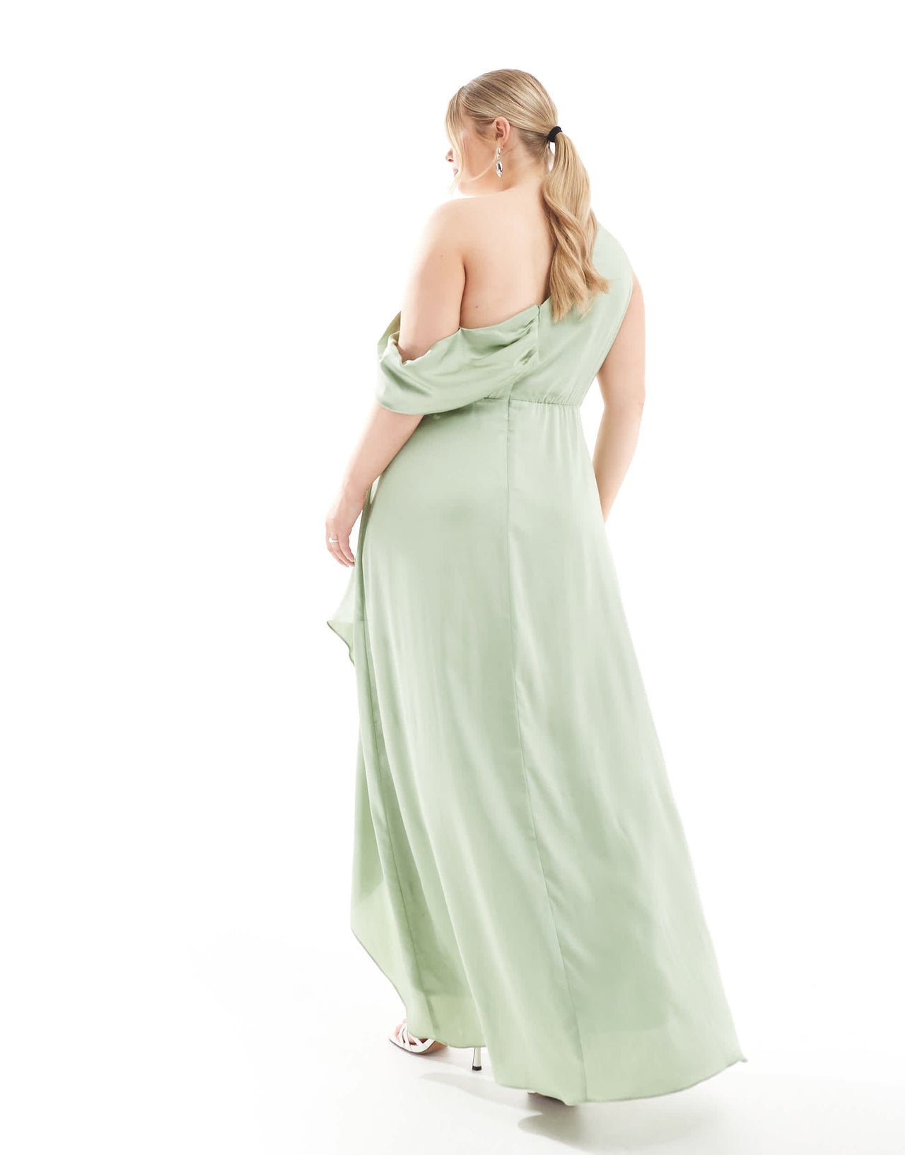 TFNC Plus Bridesmaid satin fallen shoulder maxi dress with wrap skirt in sage