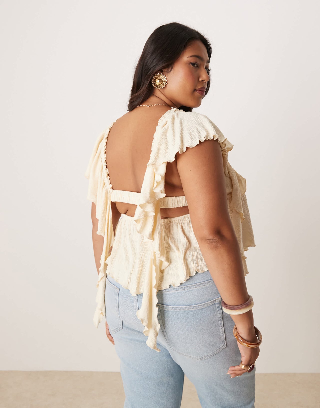ASOS DESIGN Curve crinkle flutter sleeve open back top in cream