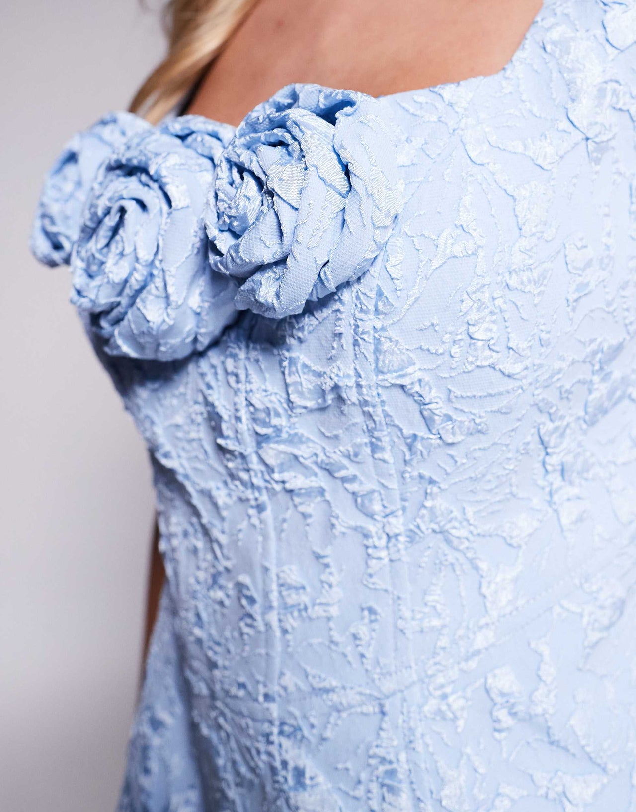 Forever New Petite rosette jacquard structred mini dress in dusty blue
