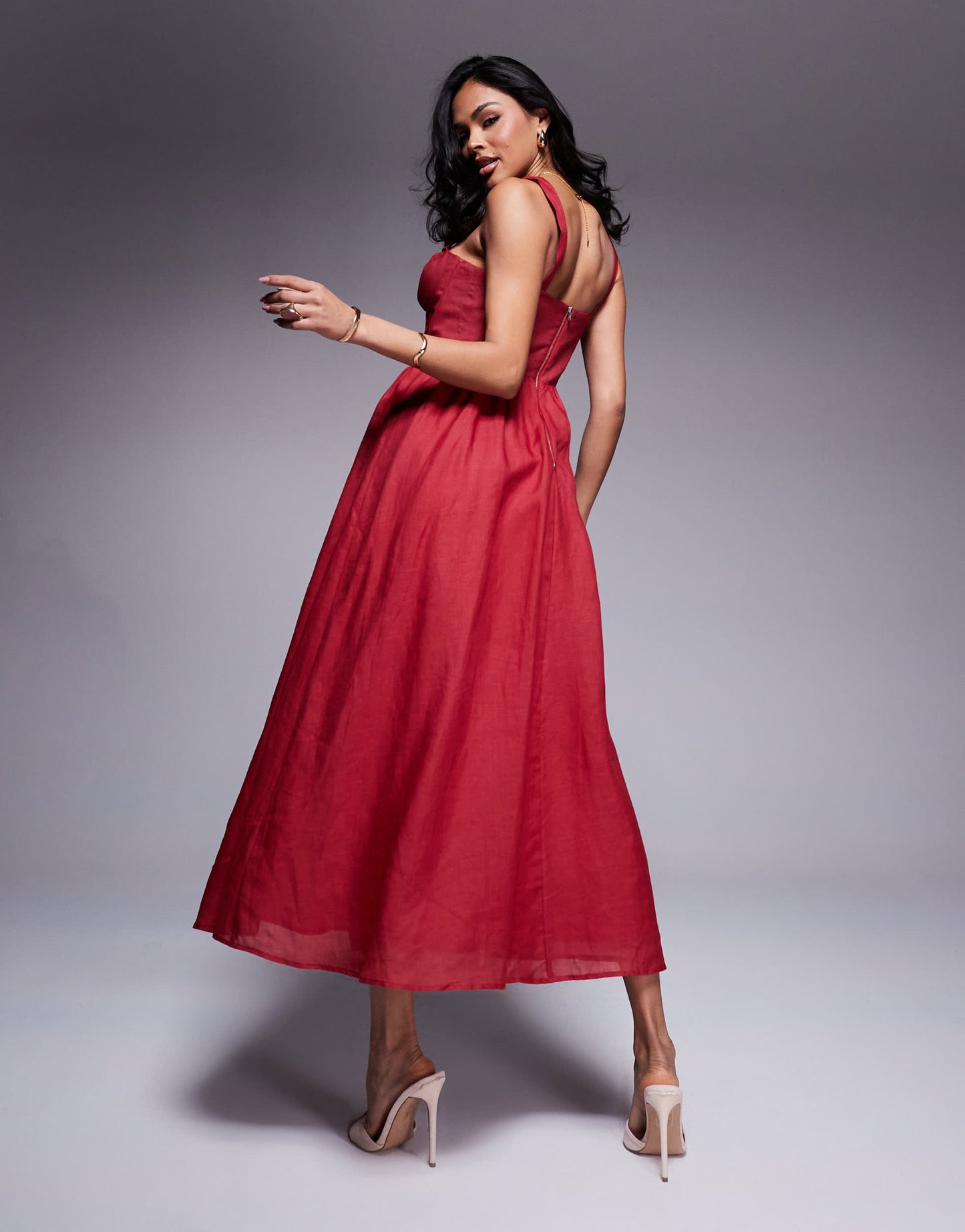 Bardot corset linen maxi dress with split in red