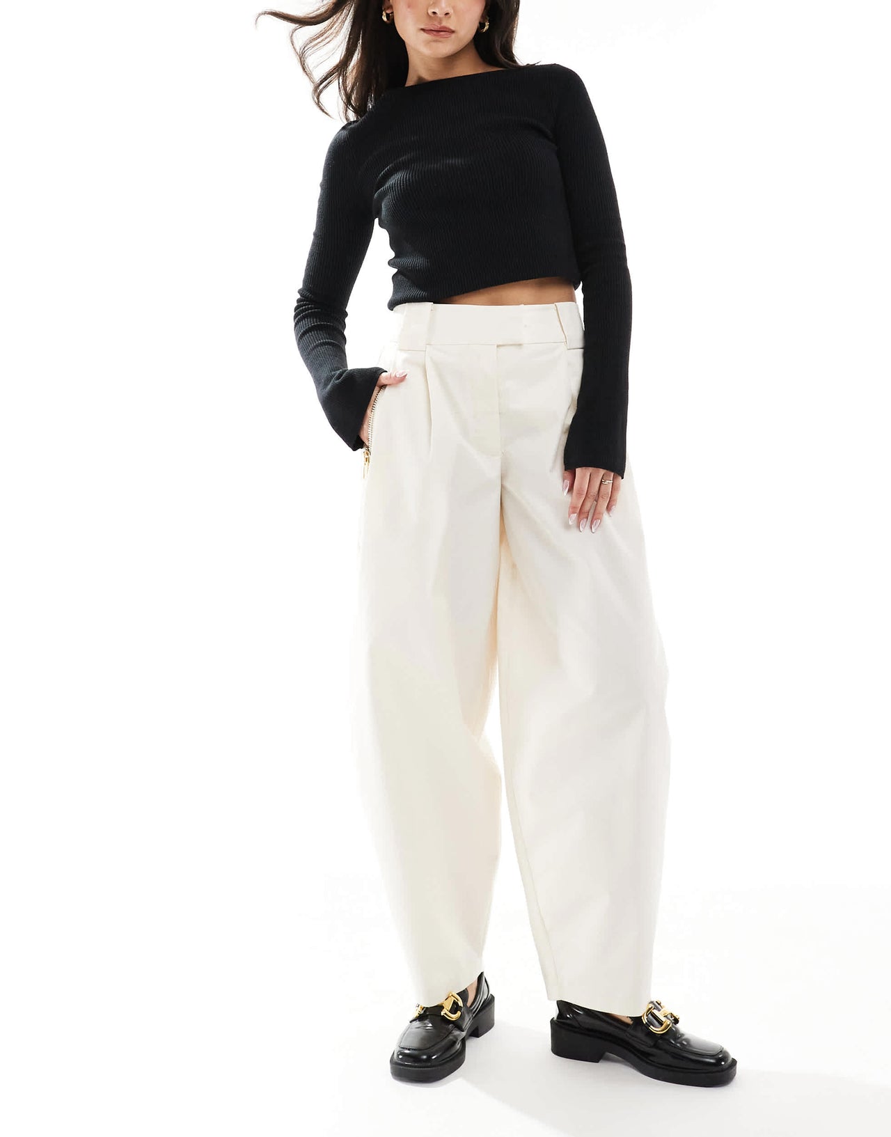 ASOS DESIGN arch leg zip detail trousers in off white