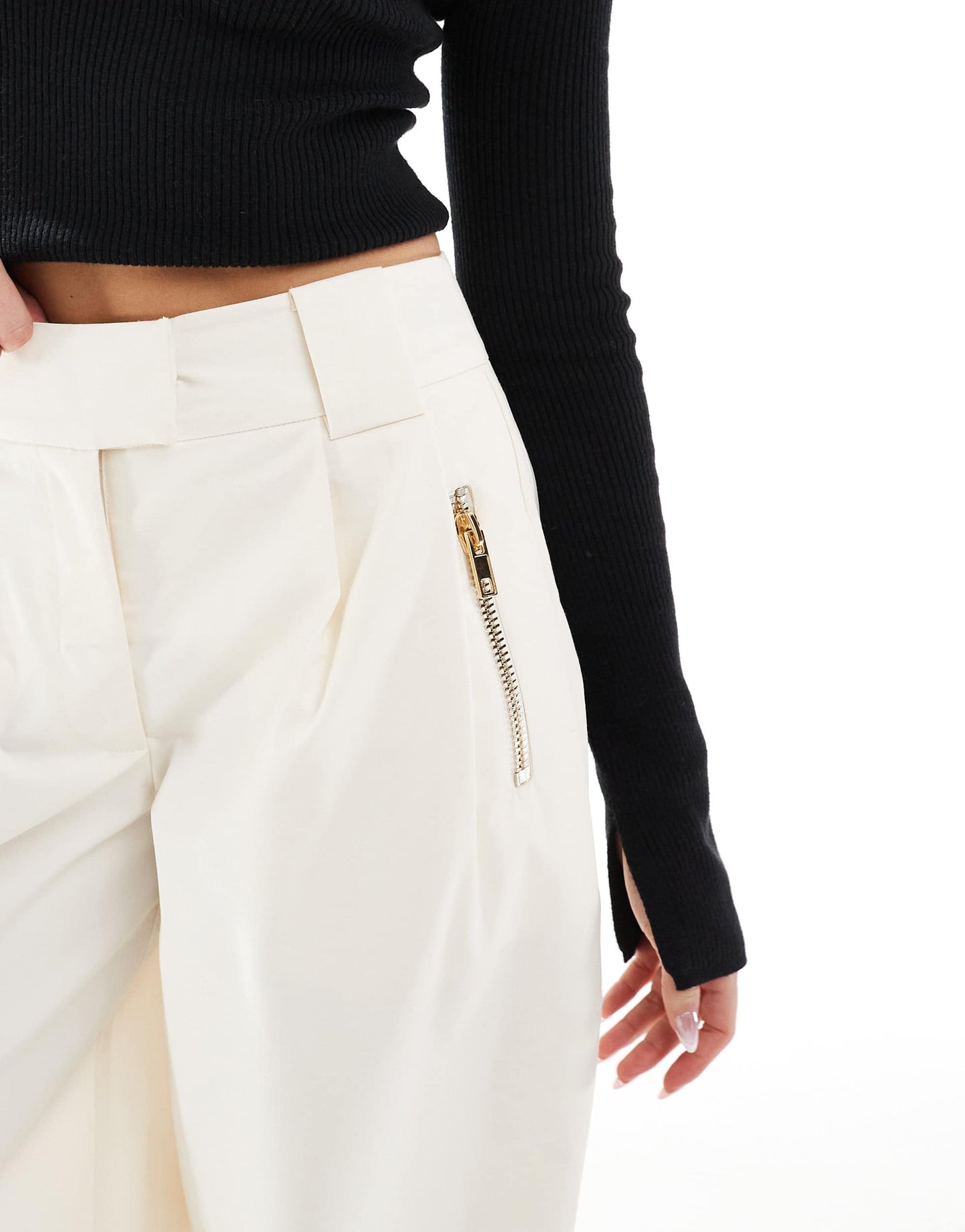 ASOS DESIGN arch leg zip detail trousers in off white