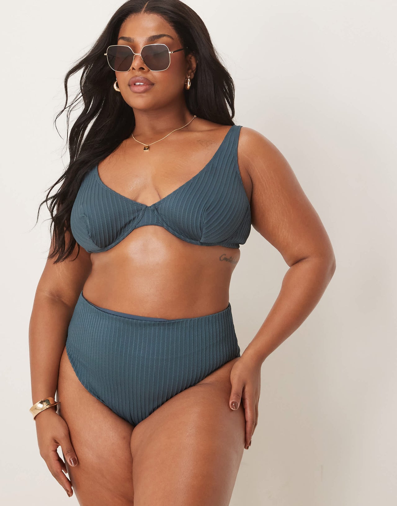 ASOS DESIGN Curve Riddy rib high leg high waist bikini bottom in slate blue