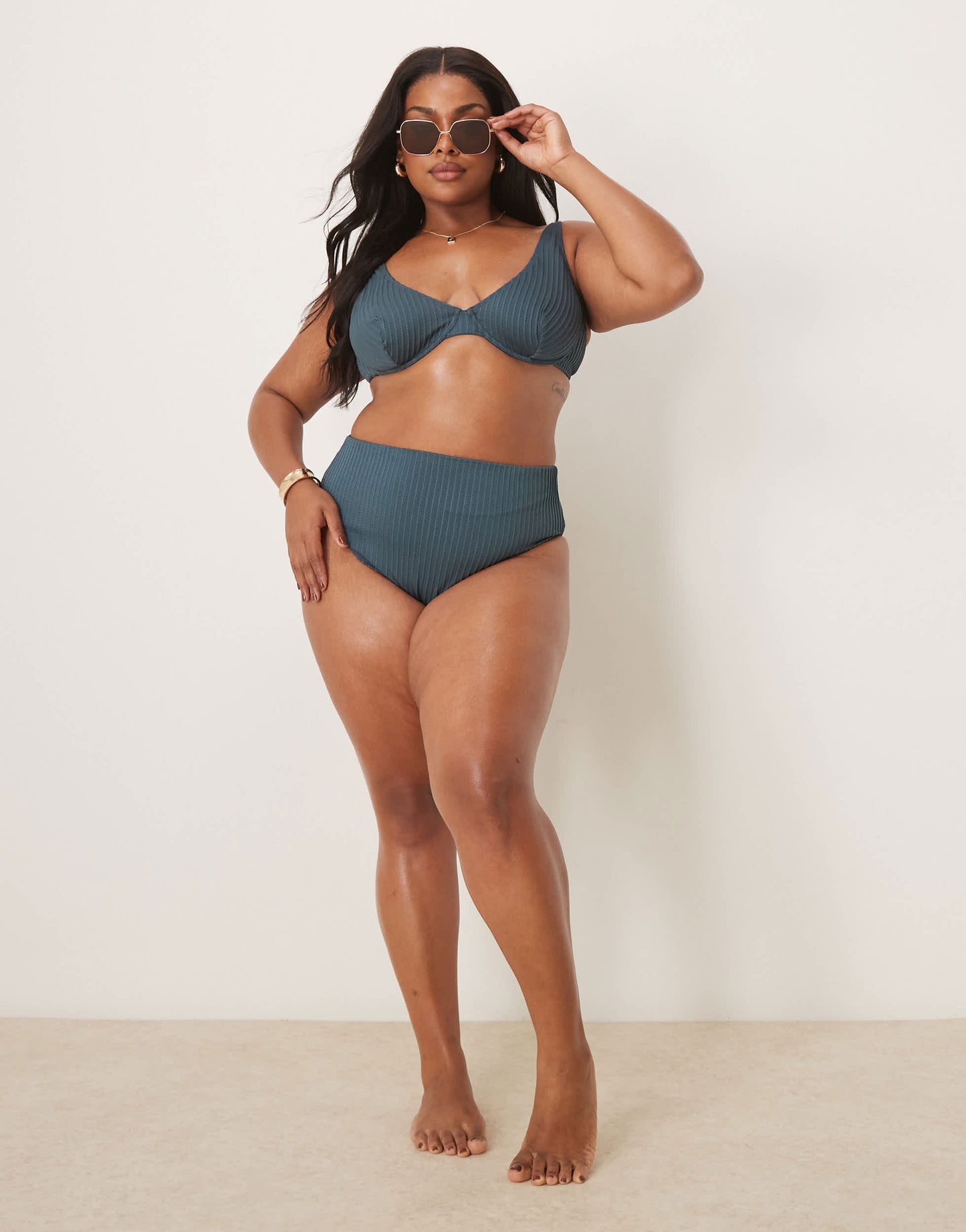 ASOS DESIGN Curve Riddy rib high leg high waist bikini bottom in slate blue