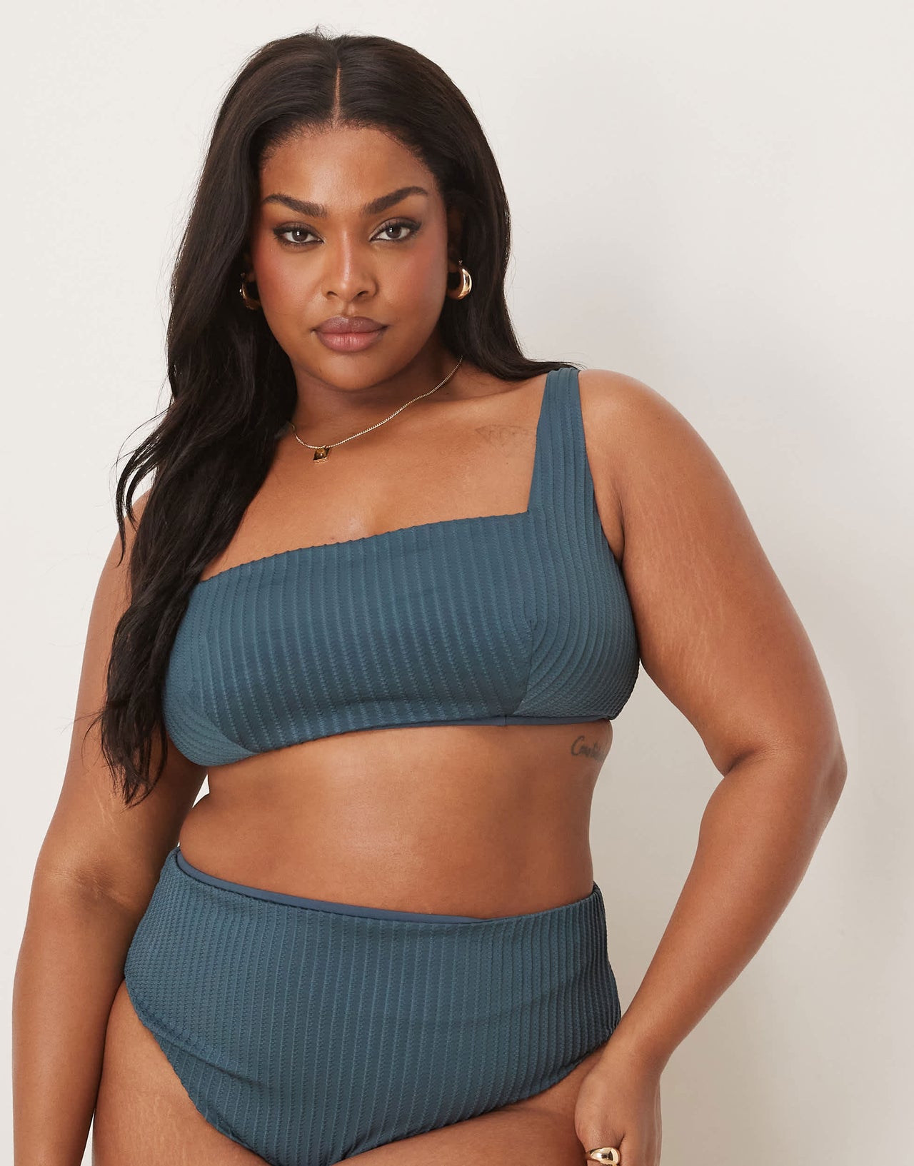 ASOS DESIGN Curve Riddy rib crop bikini top in slate blue