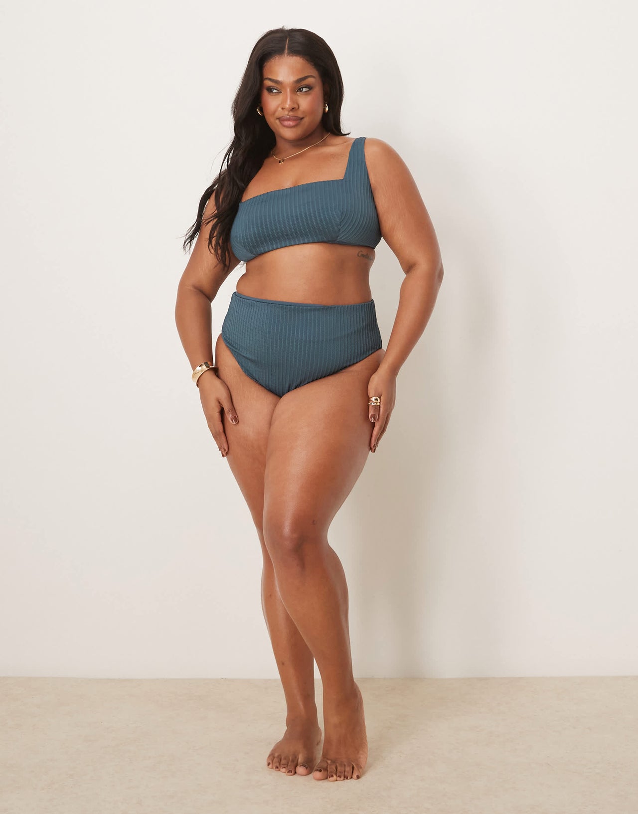 ASOS DESIGN Curve Riddy rib crop bikini top in slate blue