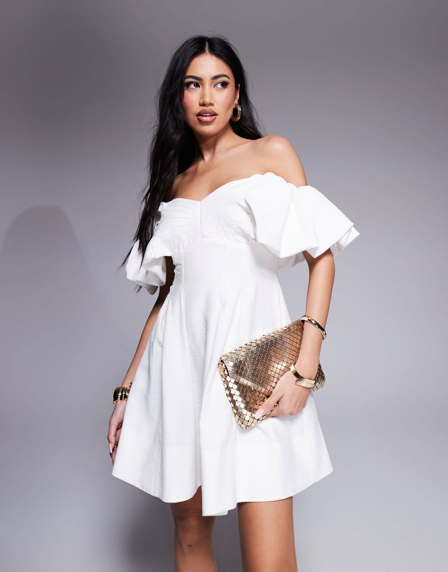 Forever New off shoulder structured mini dress in ivory