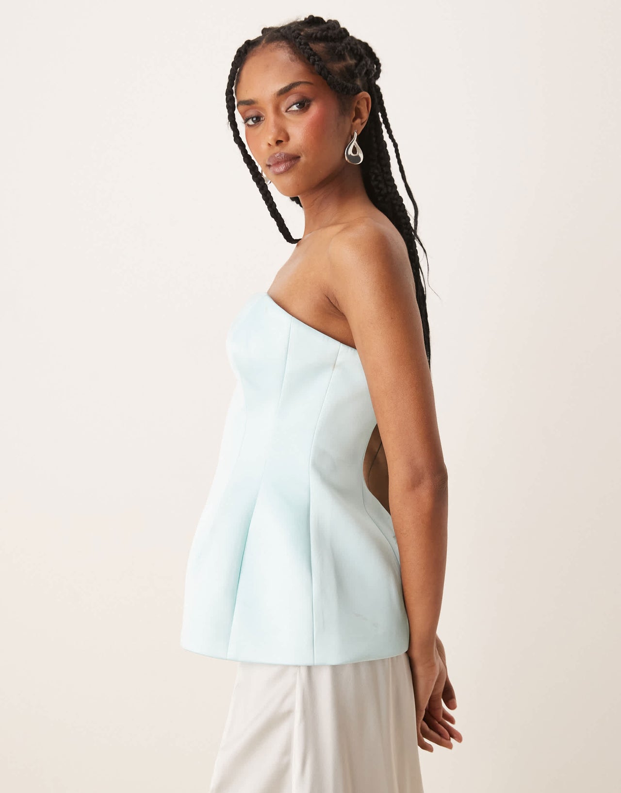 ASOS DESIGN structured satin peplum hem bandeau top in blue