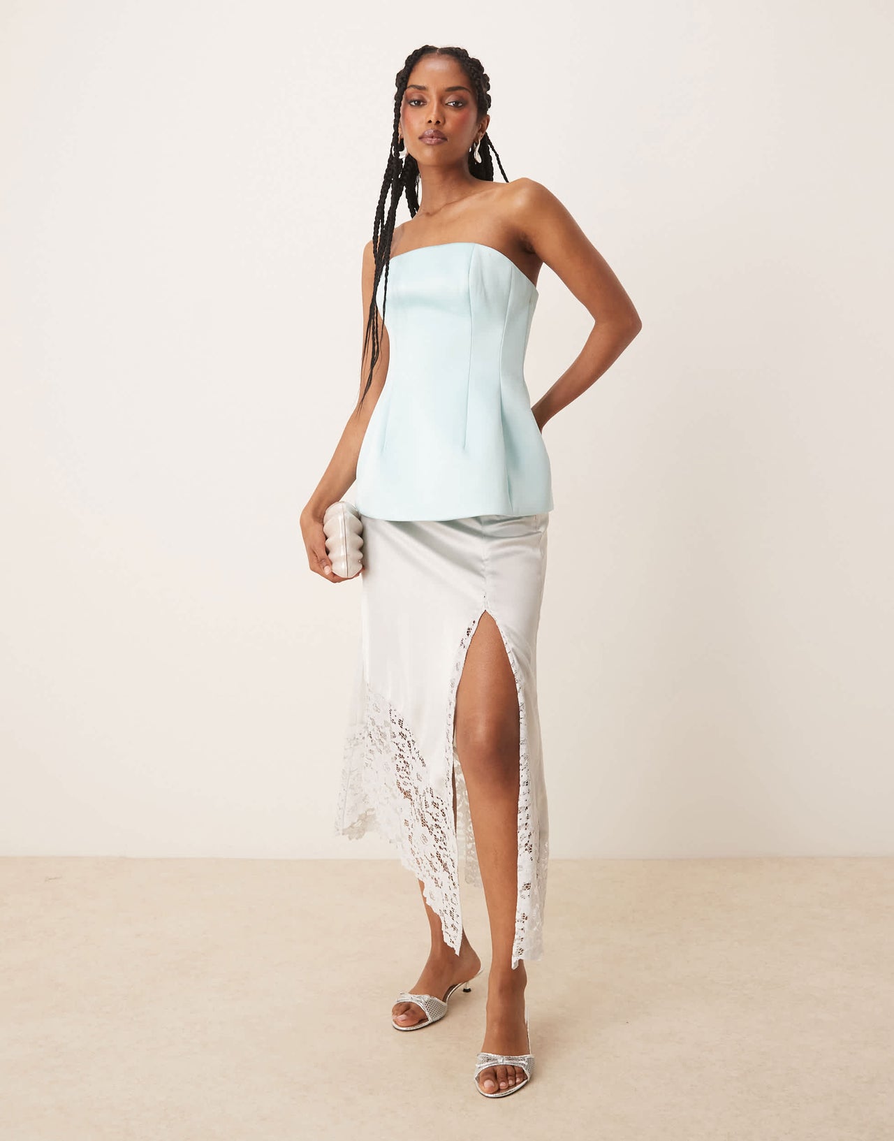 ASOS DESIGN structured satin peplum hem bandeau top in blue