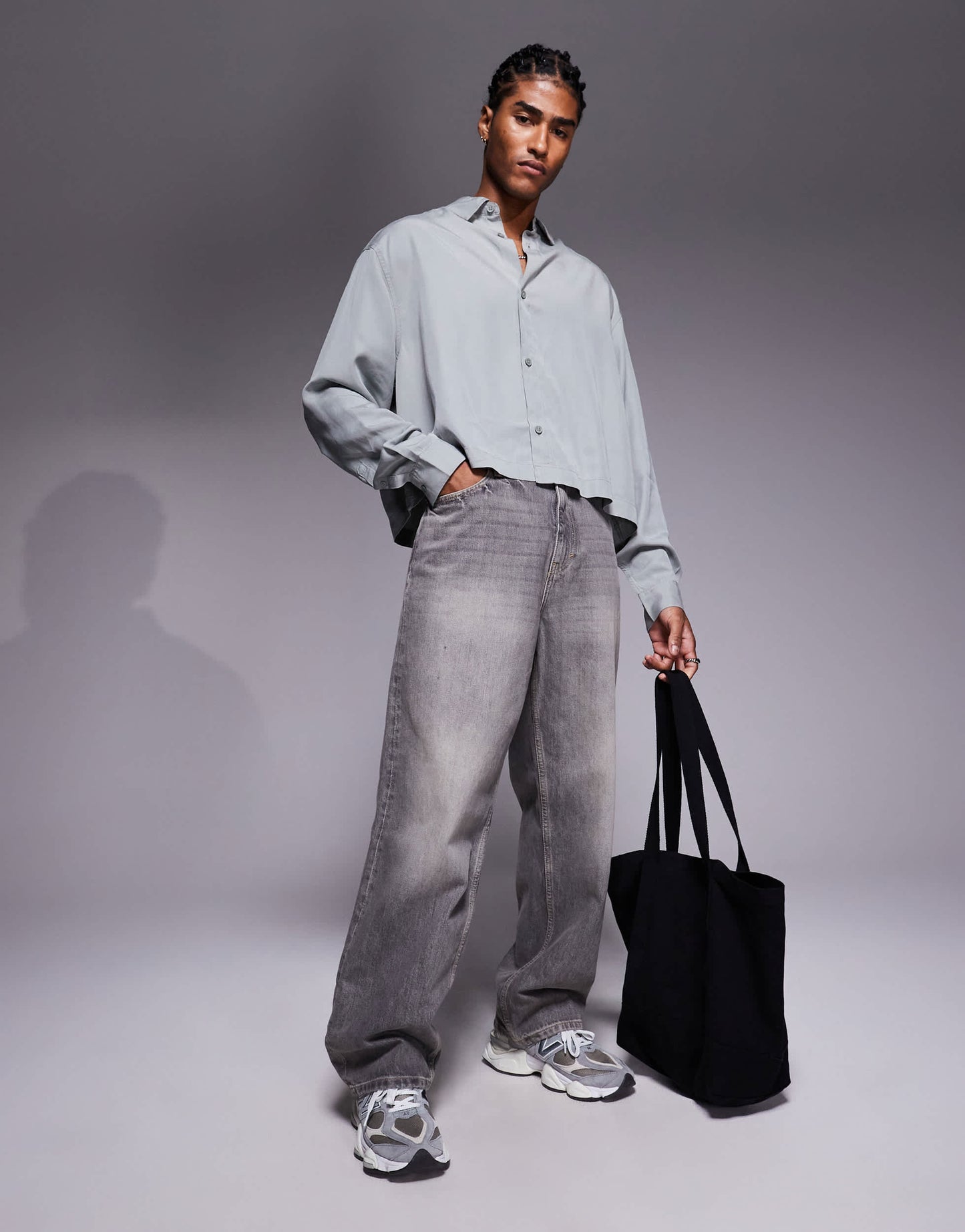 ASOS DESIGN premium oversized cropped shirt in grey