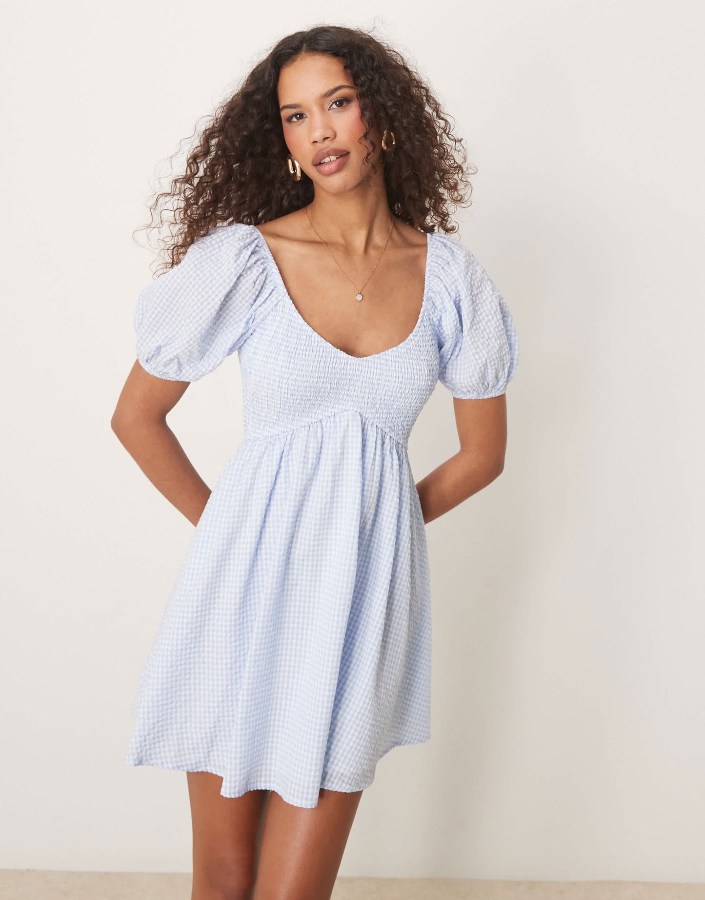 Kiss The Sky babydoll shirred mini dress in blue and white