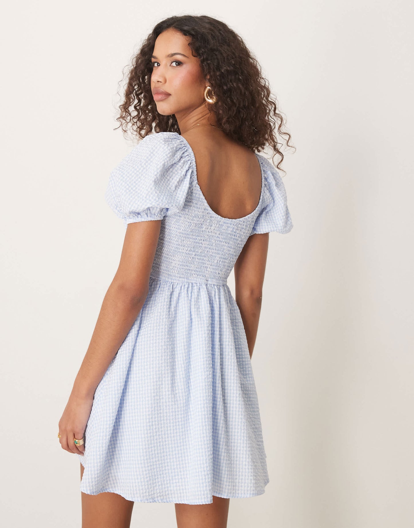 Kiss The Sky babydoll shirred mini dress in blue and white