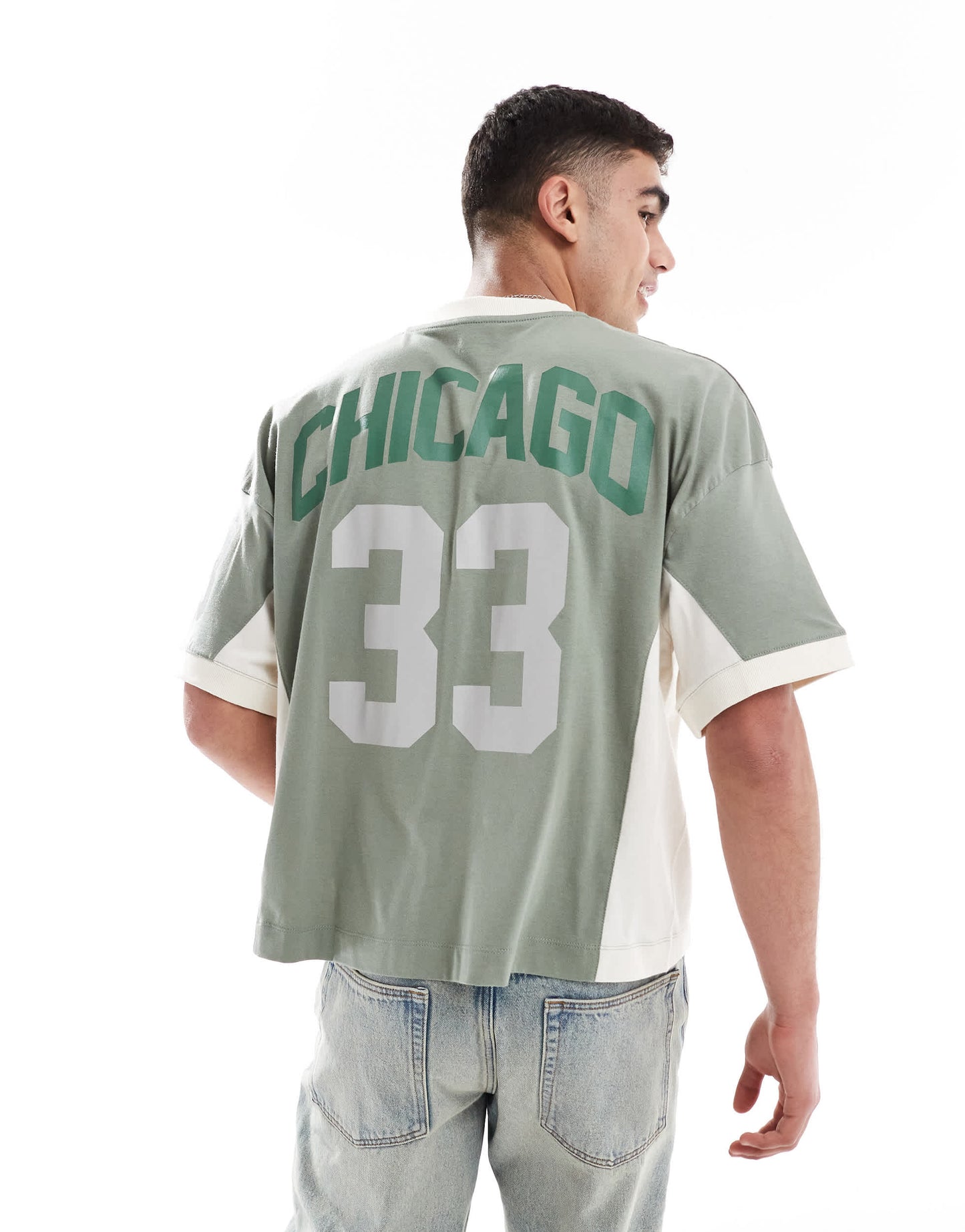 ASOS DESIGN boxy oversized dropped shoulder t-shirt with cut and sew panelling and sports graphics in green