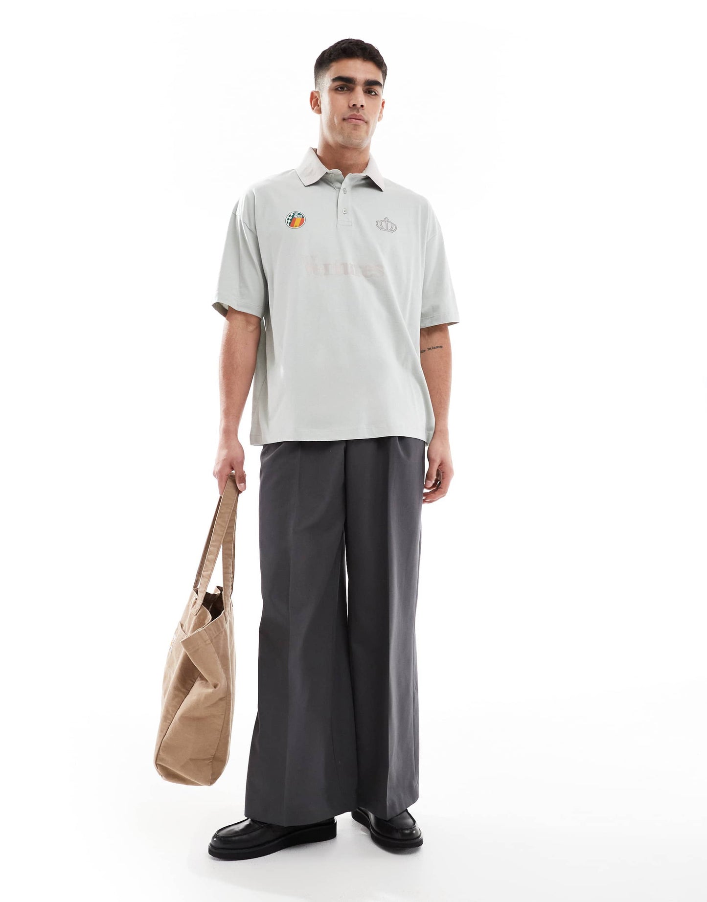 ASOS DESIGN oversized polo with text graphic in grey