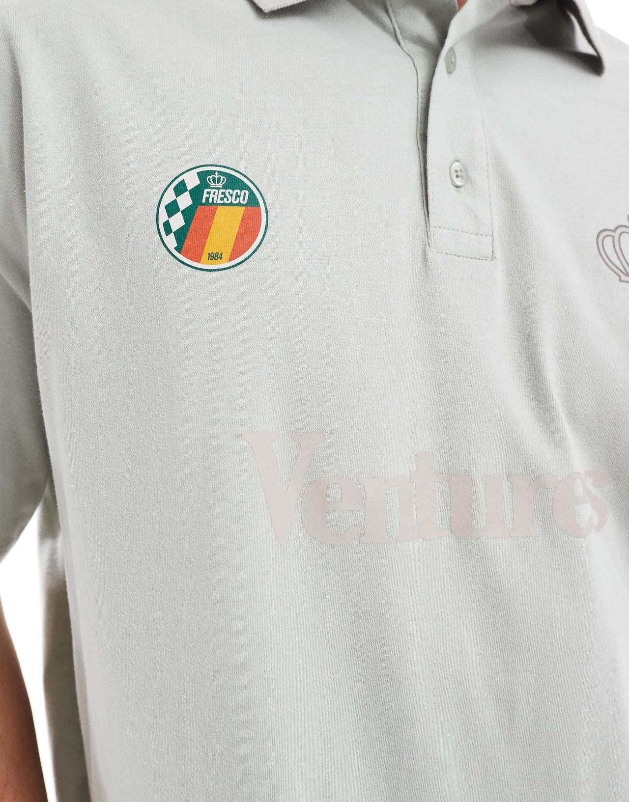 ASOS DESIGN oversized polo with text graphic in grey