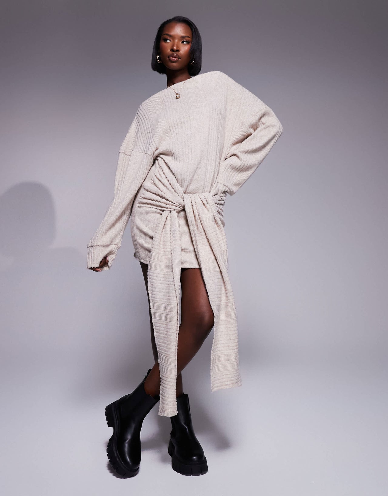 ASOS DESIGN supersoft chunky knit tie waist mini dress in oat