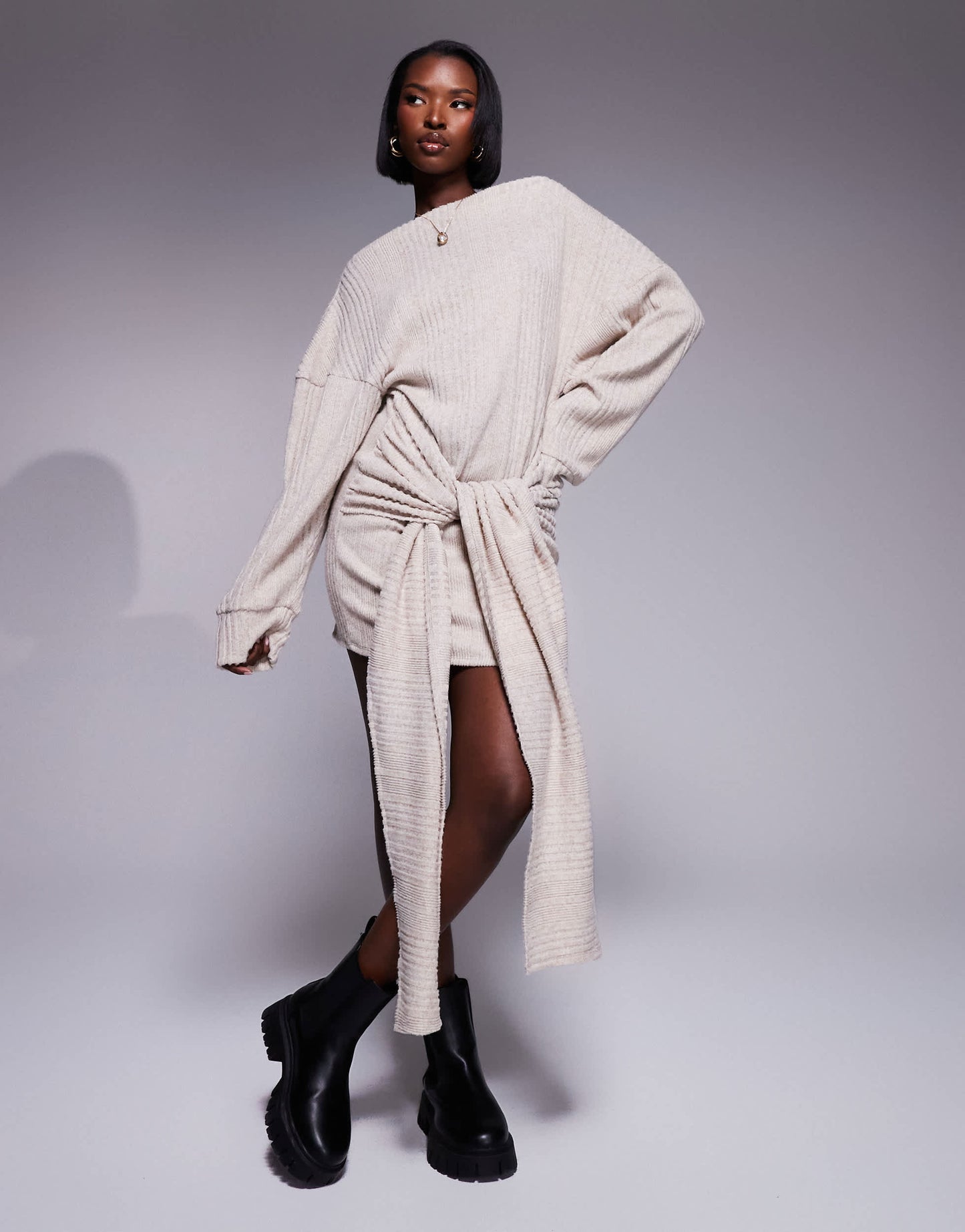 ASOS DESIGN supersoft chunky knit tie waist mini dress in oat
