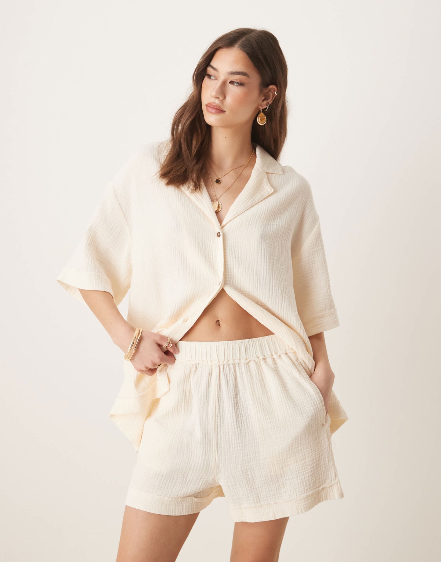 ASOS DESIGN cheesecloth pull on shorts with raw edge detail co-ord in buttermilk