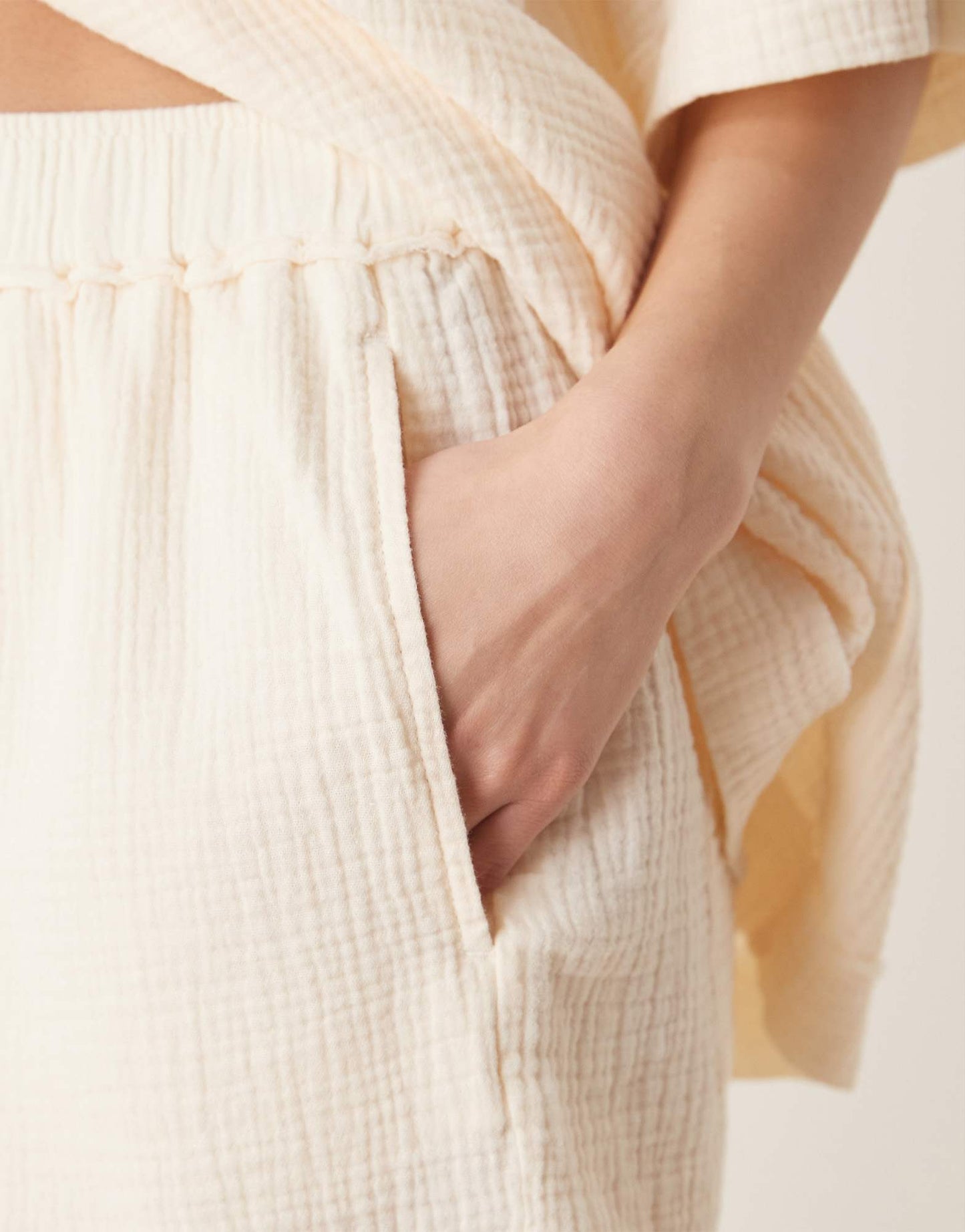 ASOS DESIGN cheesecloth pull on shorts with raw edge detail co-ord in buttermilk