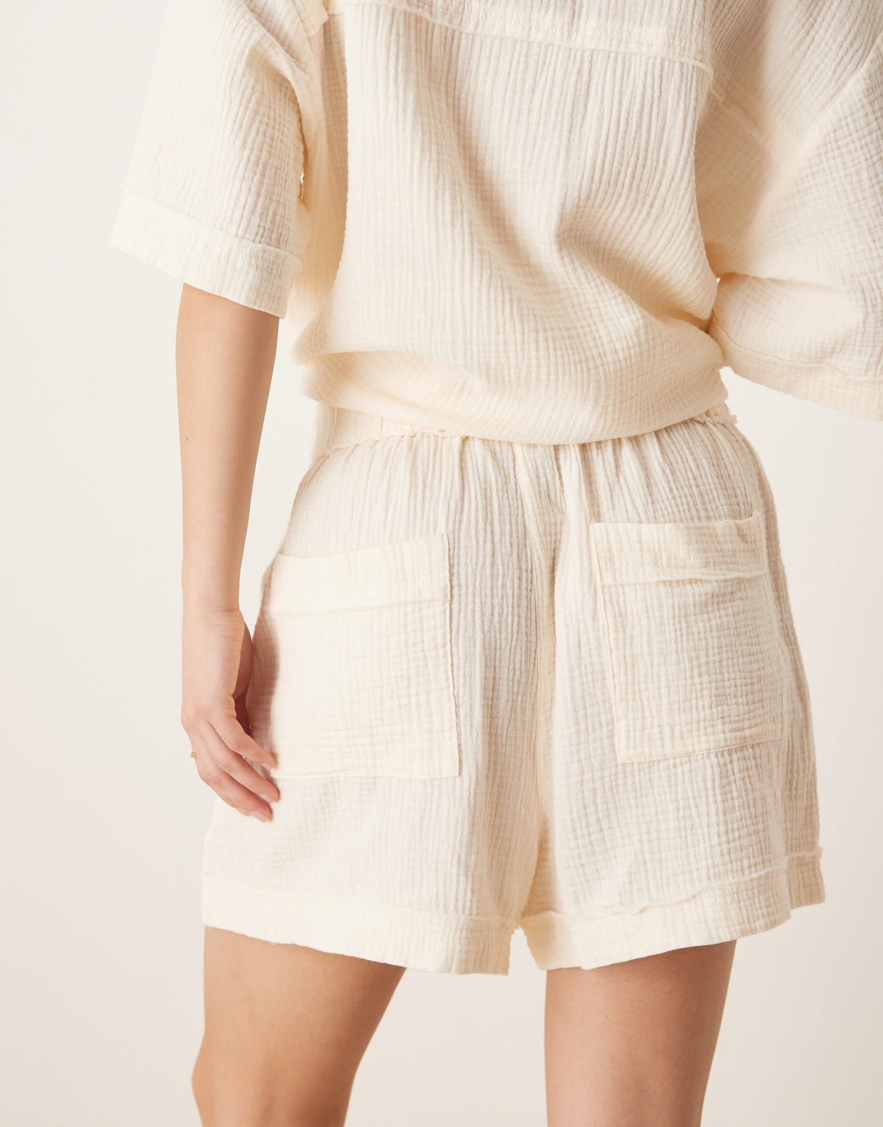 ASOS DESIGN cheesecloth pull on shorts with raw edge detail co-ord in buttermilk