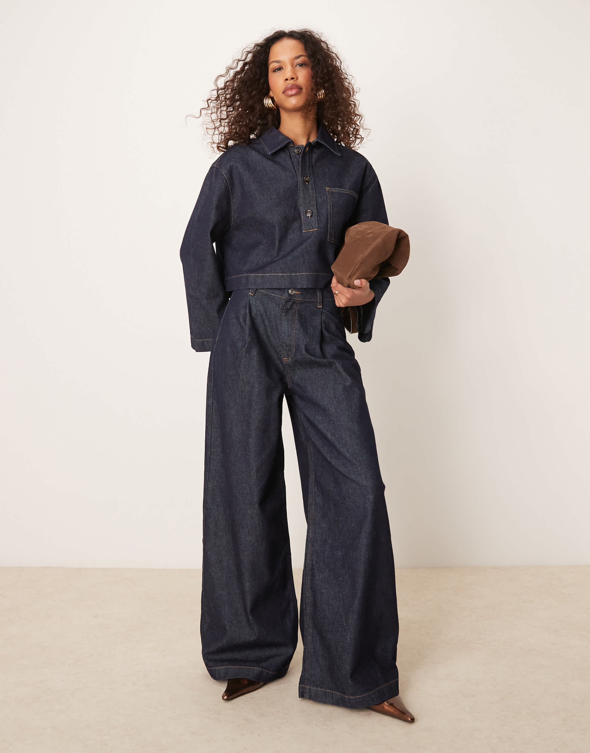 ASOS DESIGN wide leg jean with pleats in dark indigo