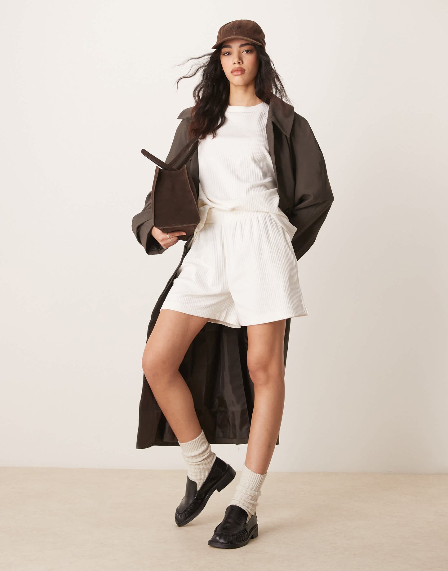 ASOS DESIGN longline heavyweight chunky rib short co-ord in cream