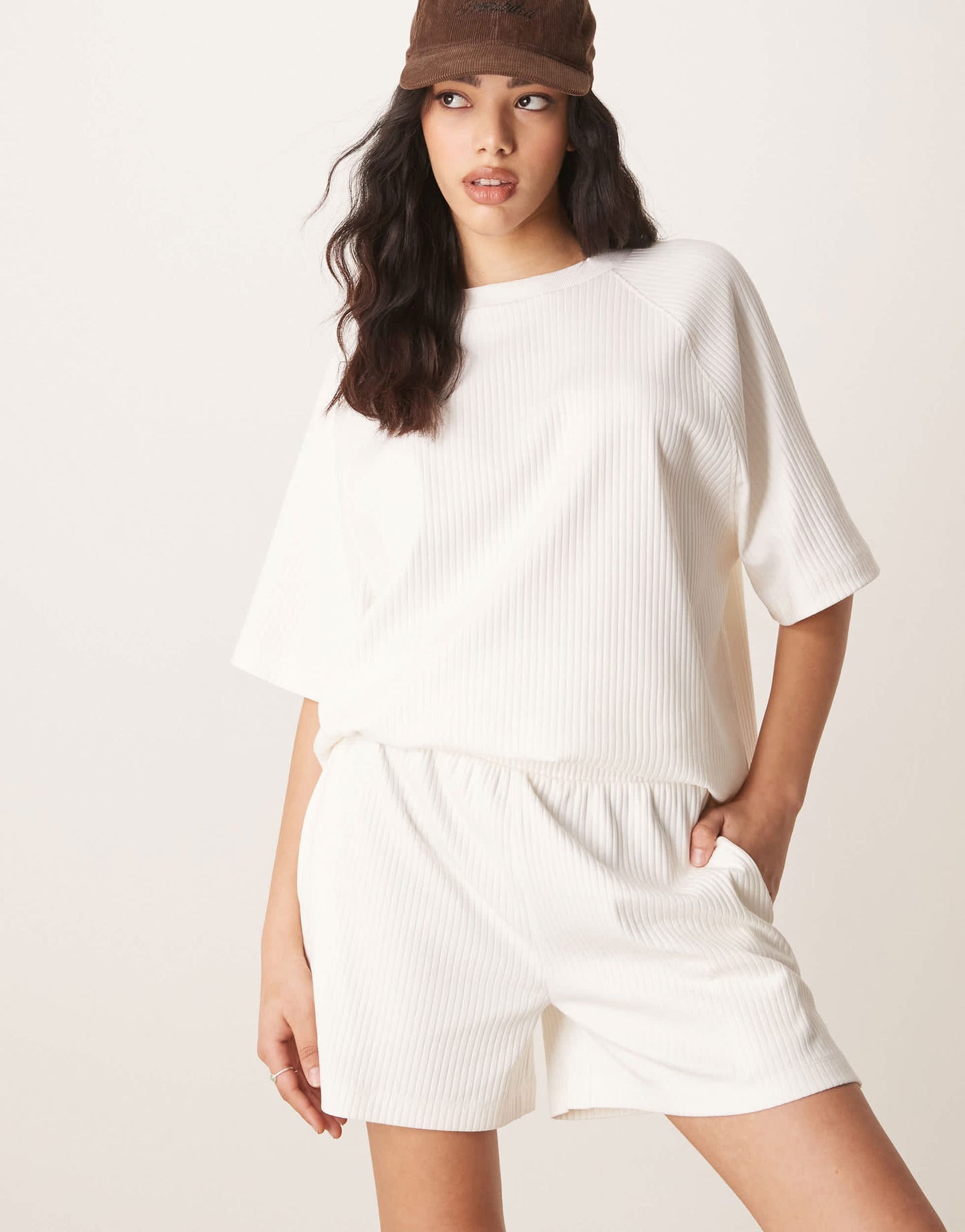 ASOS DESIGN longline heavyweight chunky rib short co-ord in cream