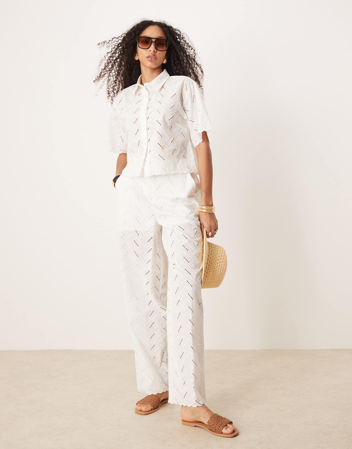 ASOS DESIGN relaxed trousers in white geo broderie co-ord