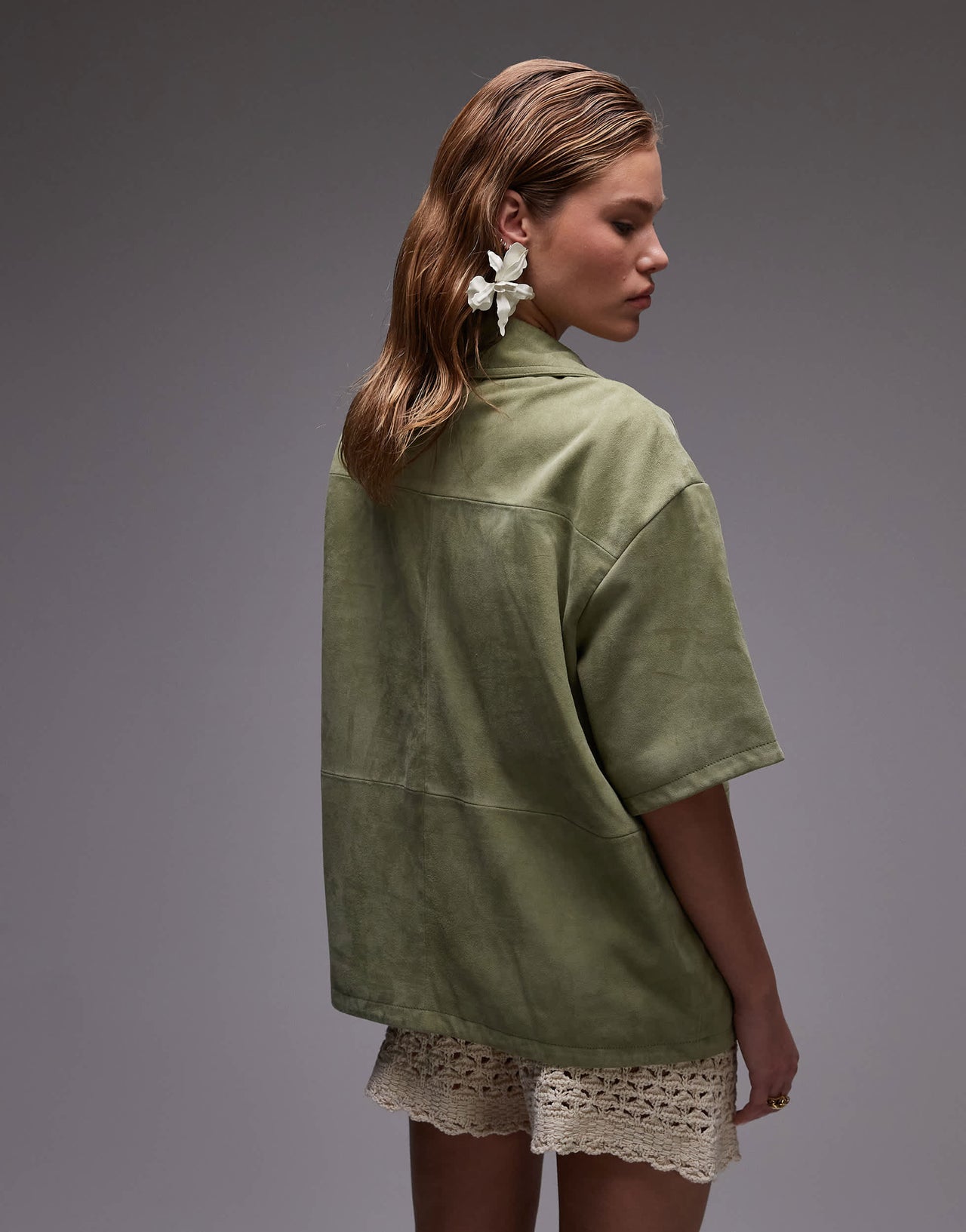 Topshop co-ord real suede resort shirt in khaki
