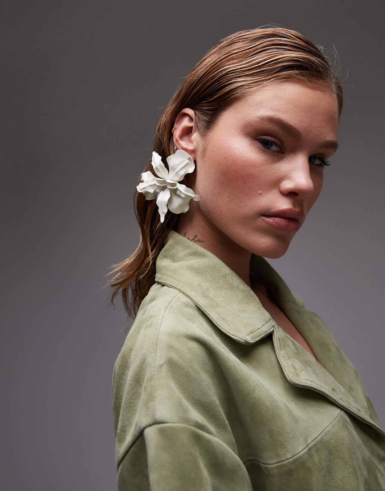 Topshop co-ord real suede resort shirt in khaki