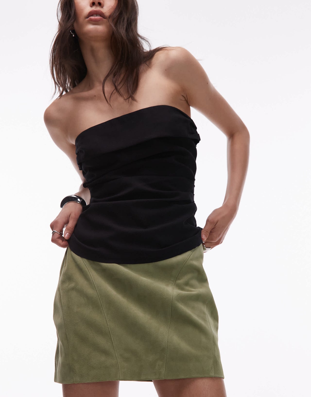 Topshop co-ord real suede pelmet mid waist mini skirt in khaki