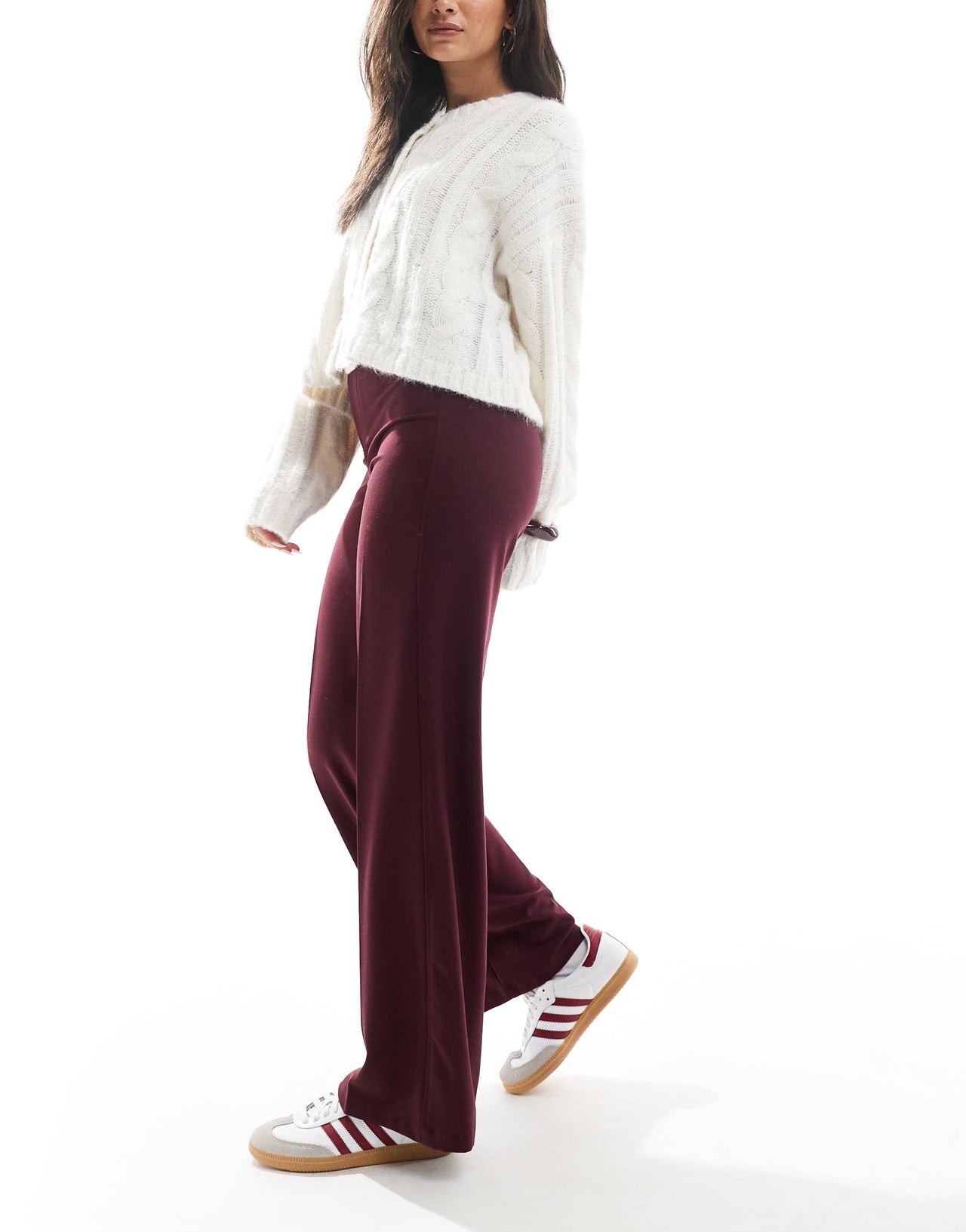 Bershka wide leg tailored trousers in burgundy