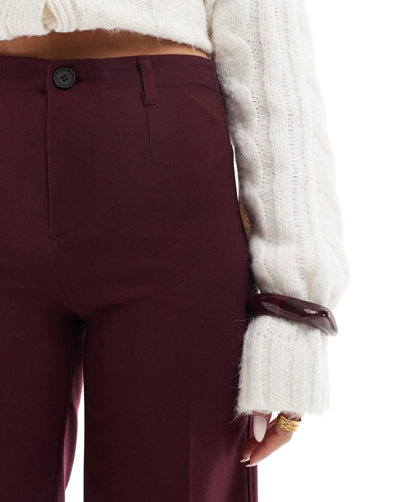Bershka wide leg tailored trousers in burgundy