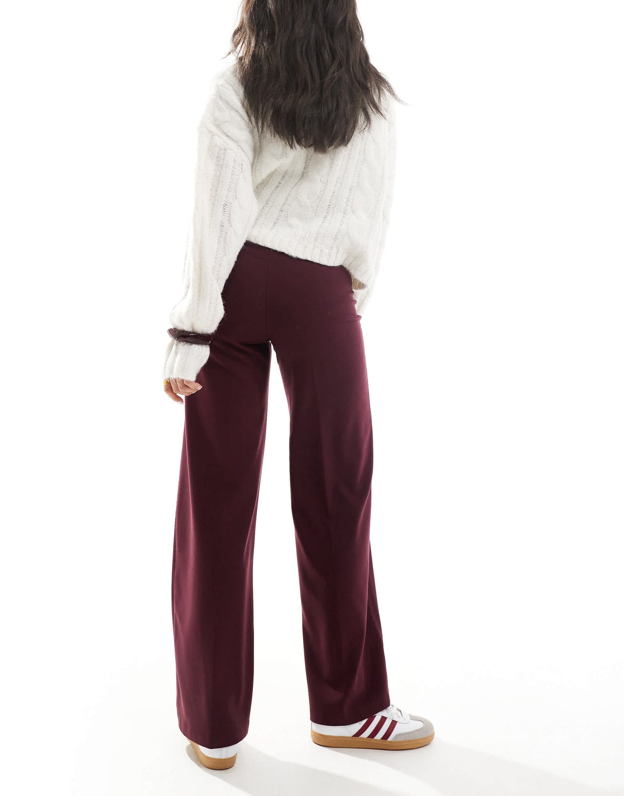 Bershka wide leg tailored trousers in burgundy