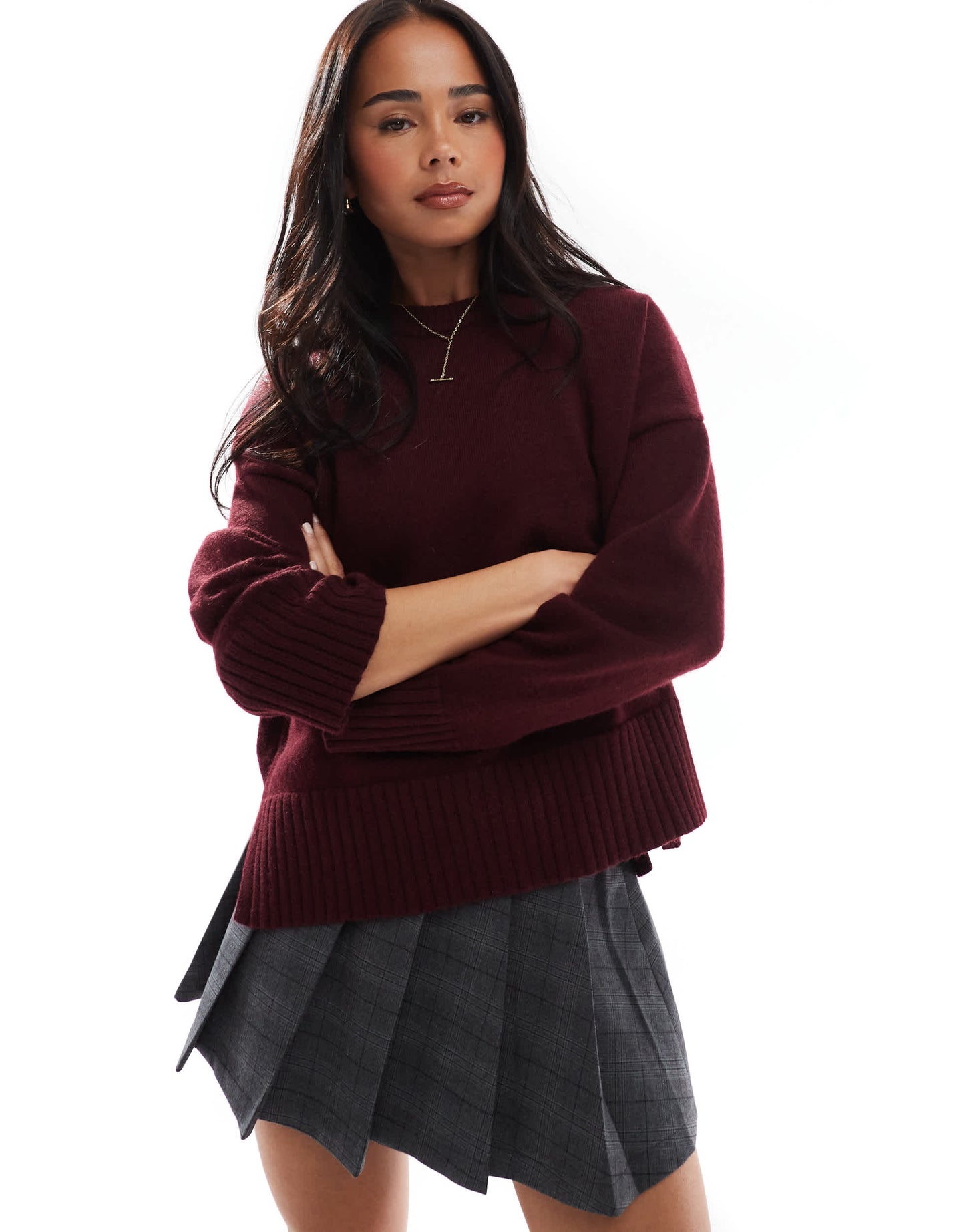 Bershka chunky crew neck jumper in burgundy